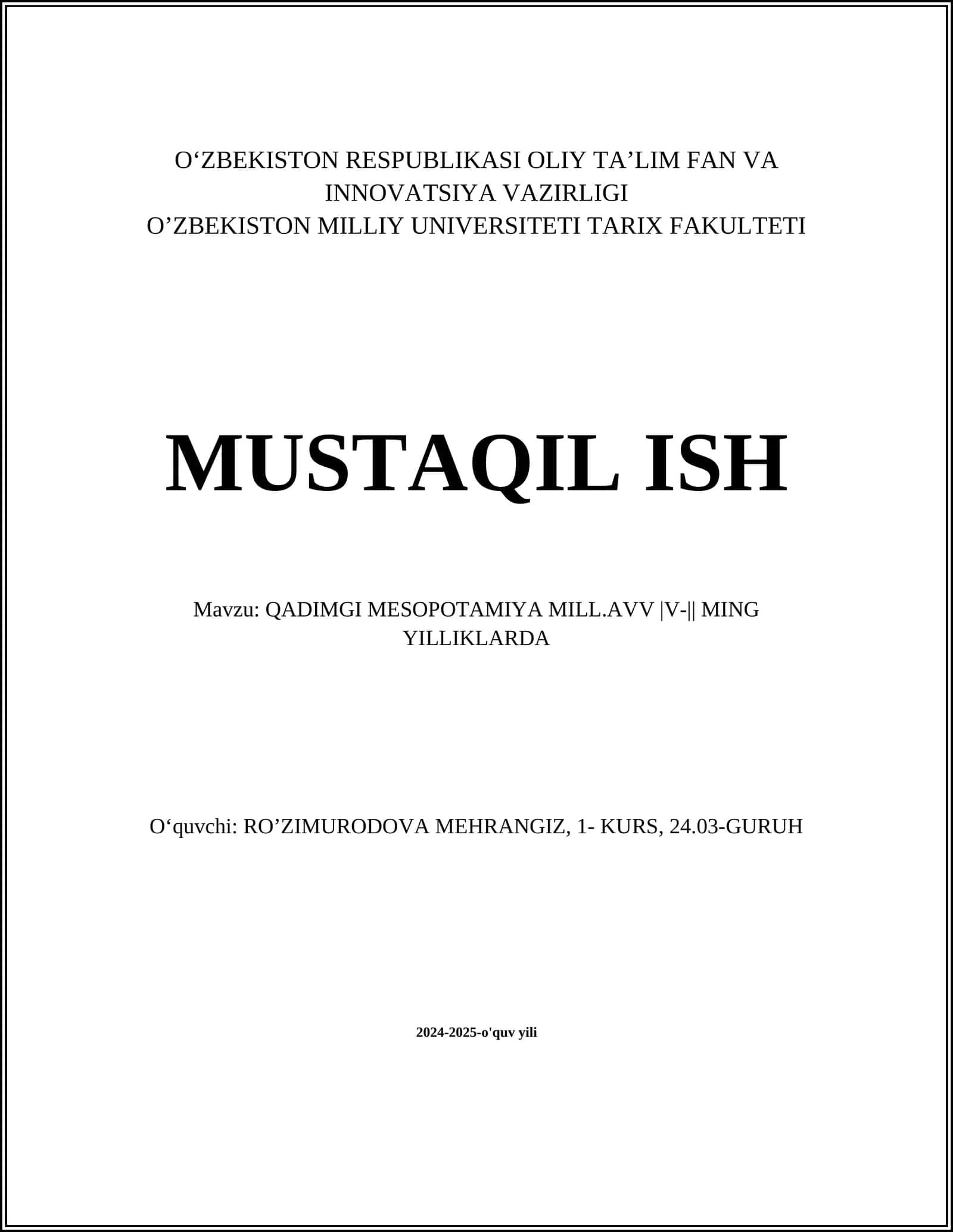 QADIMGI MESOPOTAMIYA MILL.AVV |V-|| MING YILLIKLARDA