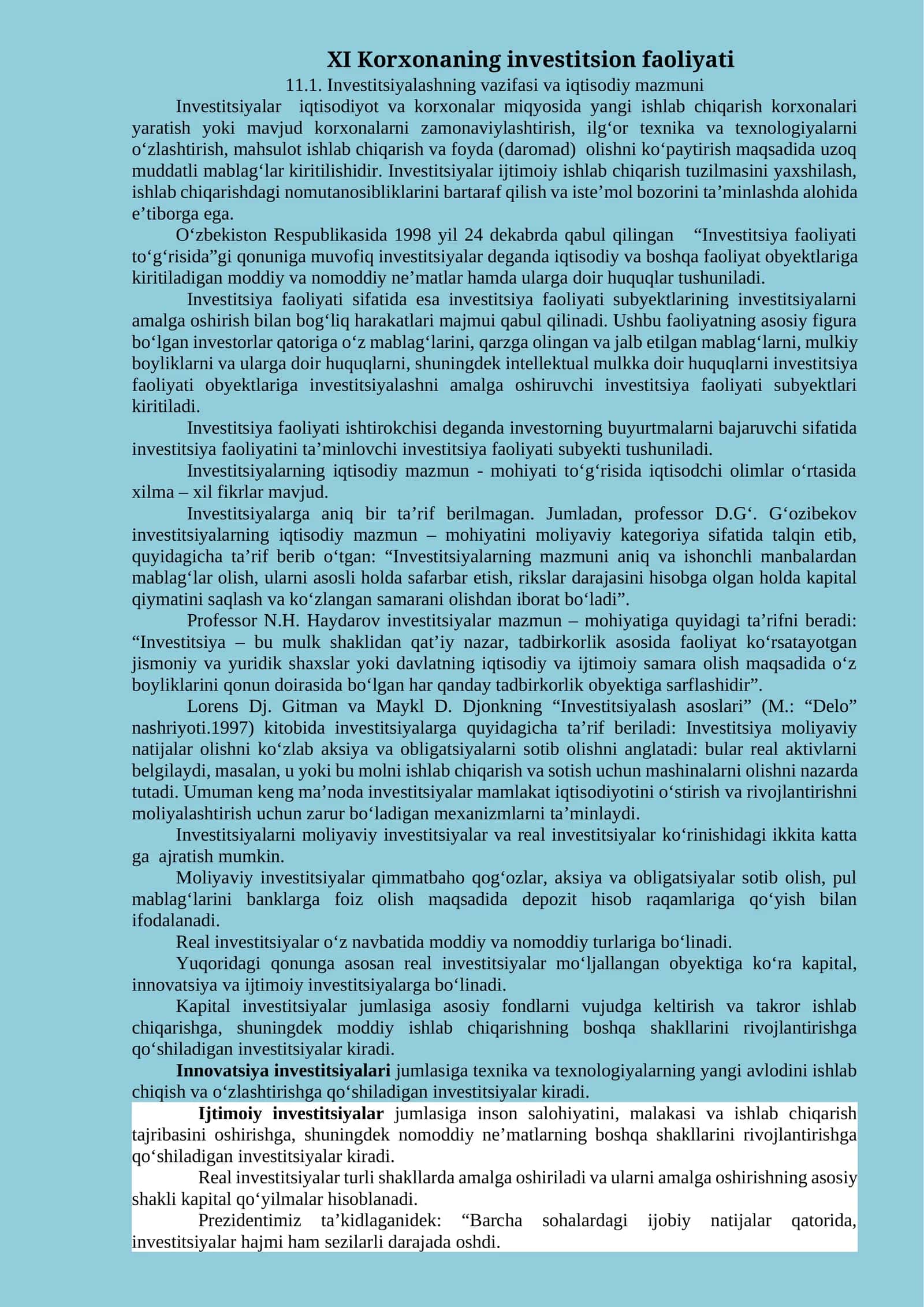 XI Korxonaning investitsion faoliyati