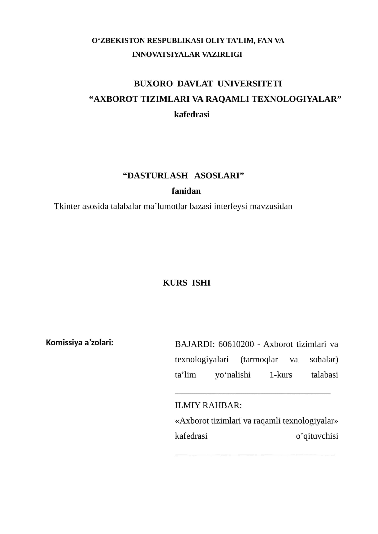 Tkinter asosida talabalar ma’lumotlar bazasi interfeysi