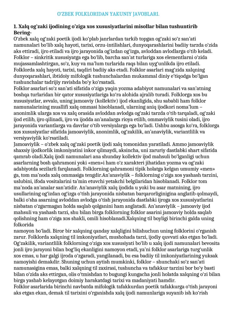 O'ZBEK FOLKLORIDAN YAKUNIY JAVOBLARI