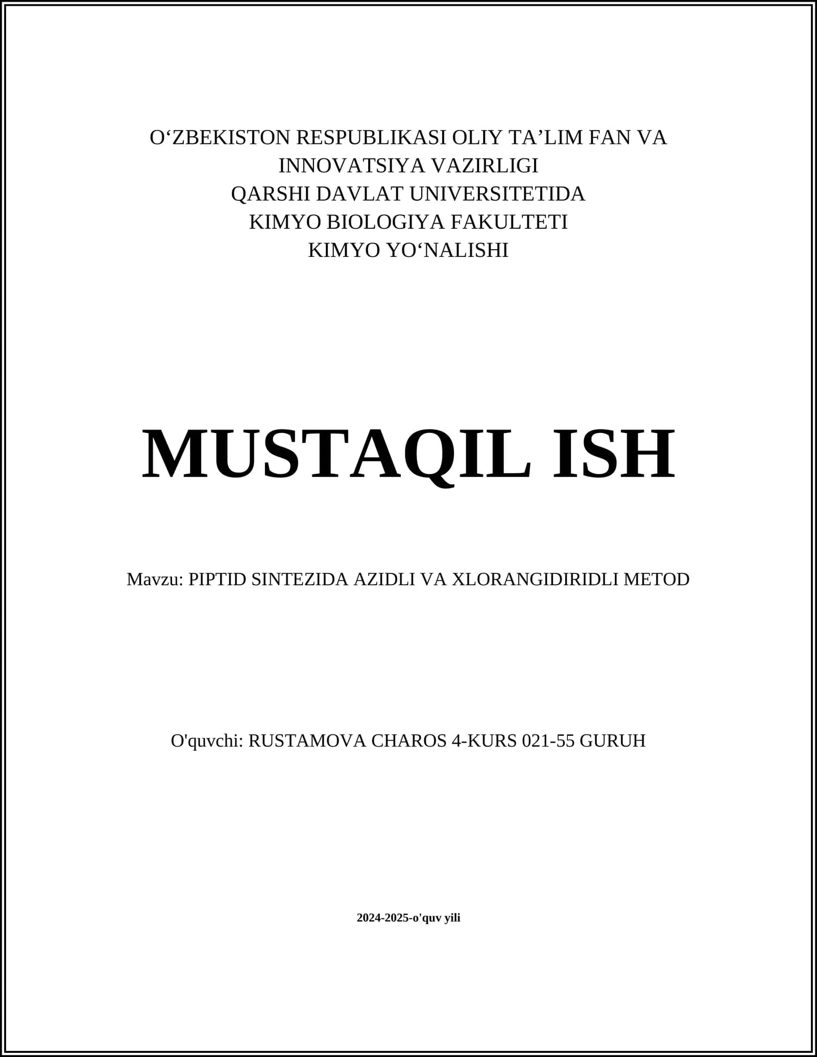 PIPTID SINTEZIDA AZIDLI VA XLORANGIDIRIDLI METOD
