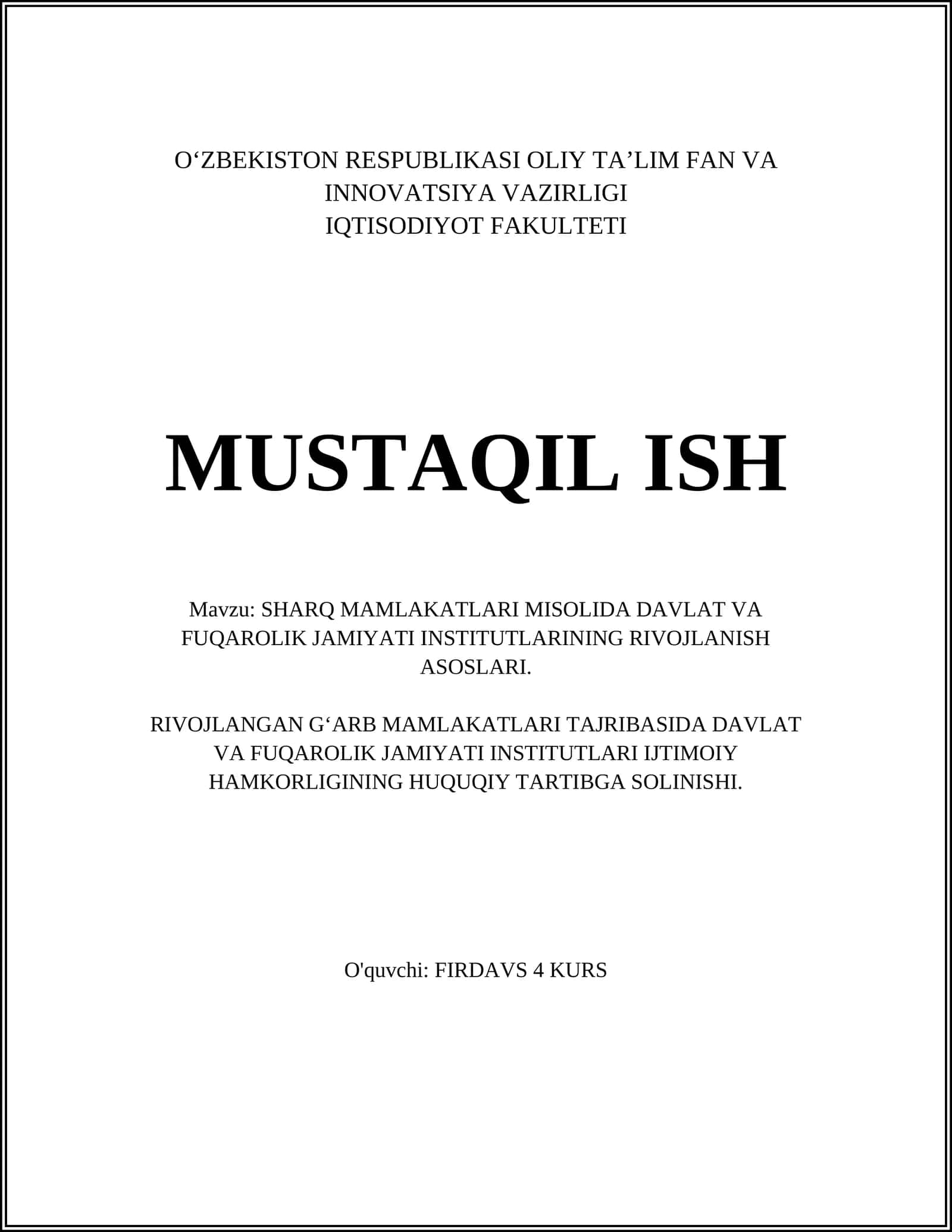 SHARQ MAMLAKATLARI MISOLIDA DAVLAT VA FUQAROLIK JAMIYATI INSTITUTLARINING RIVOJLANISH ASOSLARI