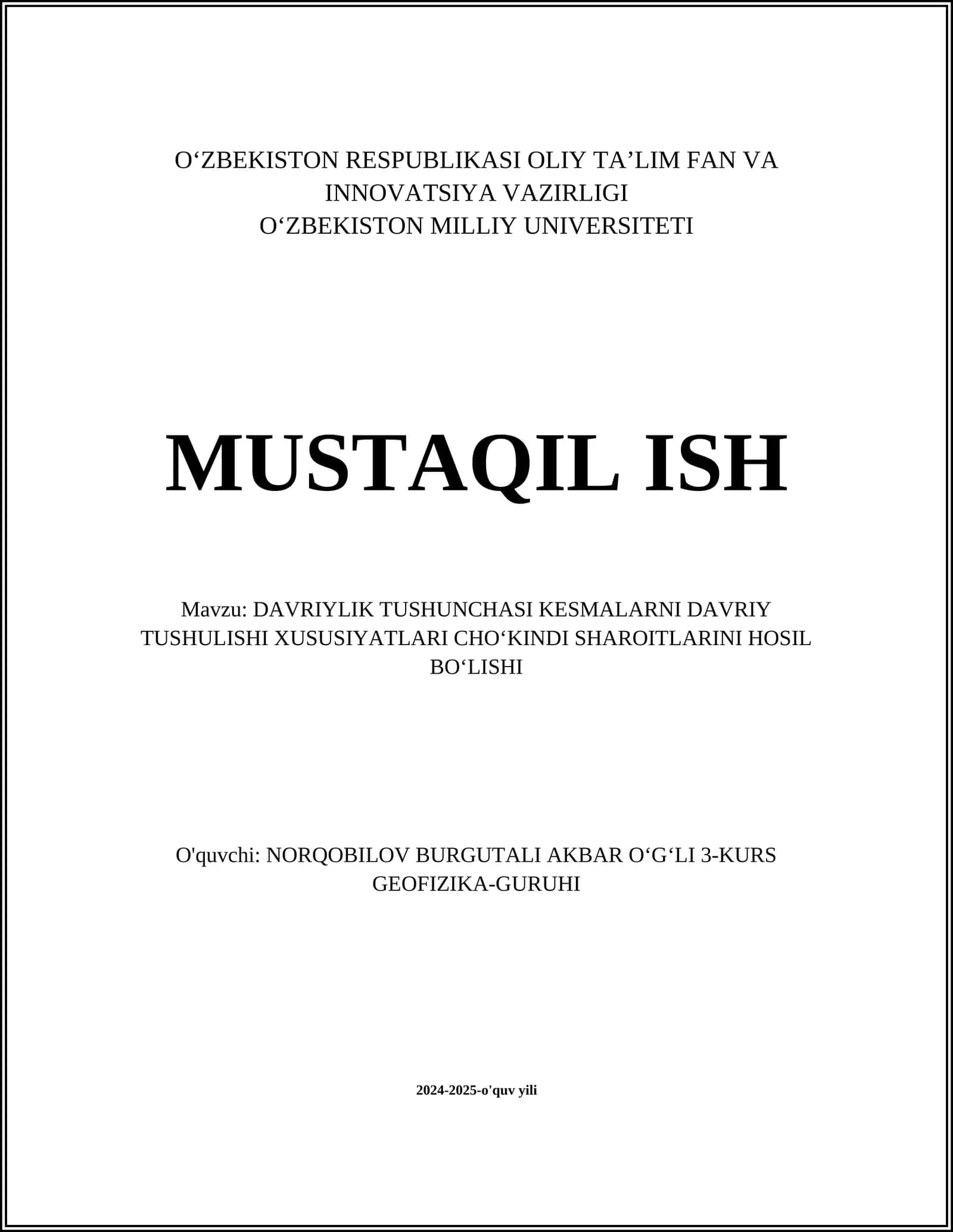 DAVRIYLIK TUSHUNCHASI KESMALARNI DAVRIY TUSHULISHI XUSUSIYATLARI CHOʻKINDI SHAROITLARINI HOSIL BOʻLISHI