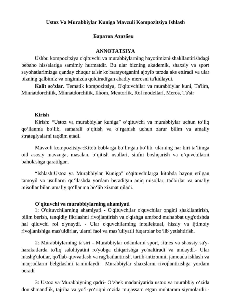 Ustoz Va Murabbiylar Kuniga Mavzuli Kompozitsiya Ishlash