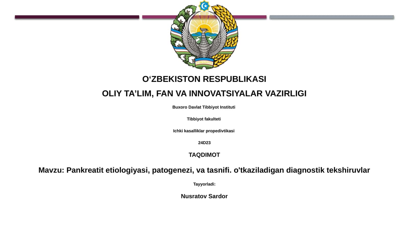 Pankreatit etiologiyasi, patogenezi, va tasnifi