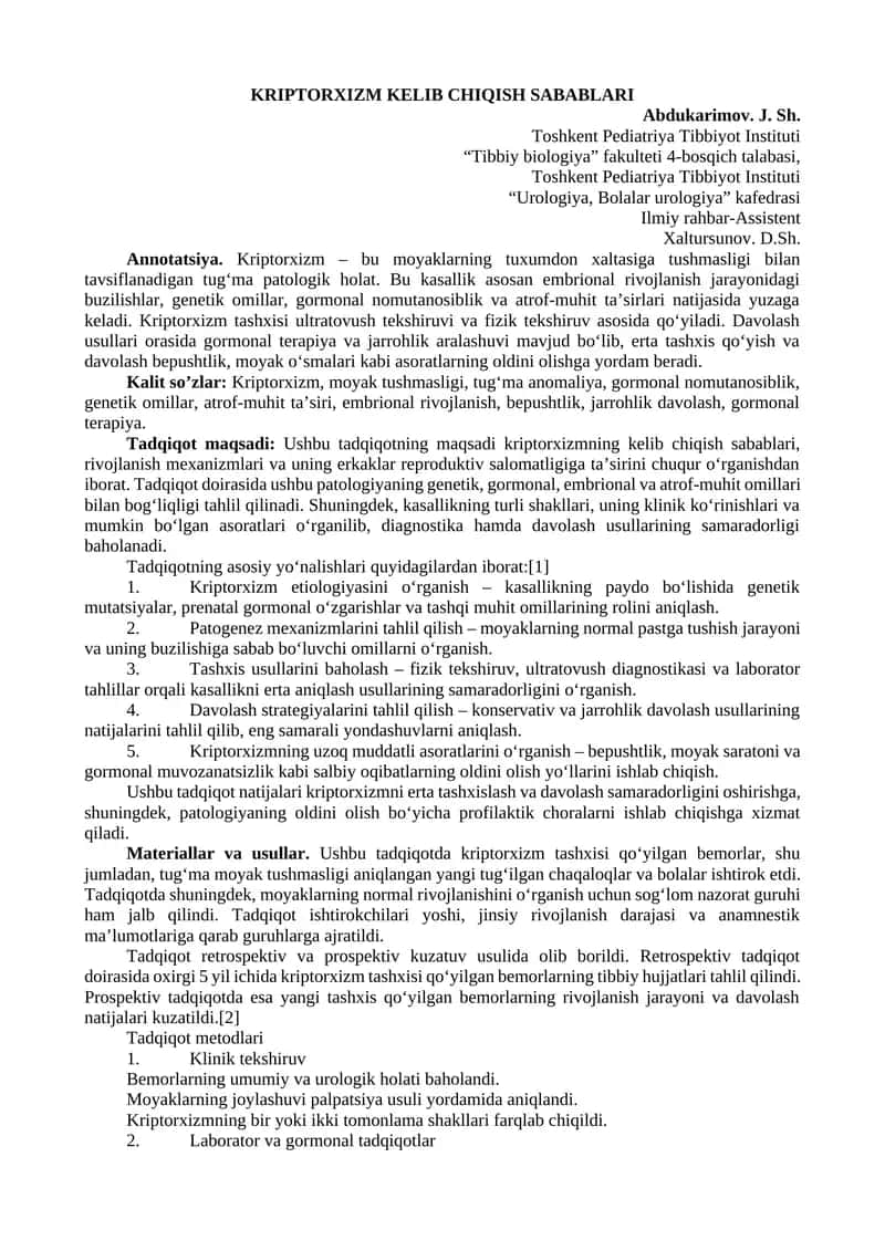 Kriptorxizm Kelib Chiqish Sabablari