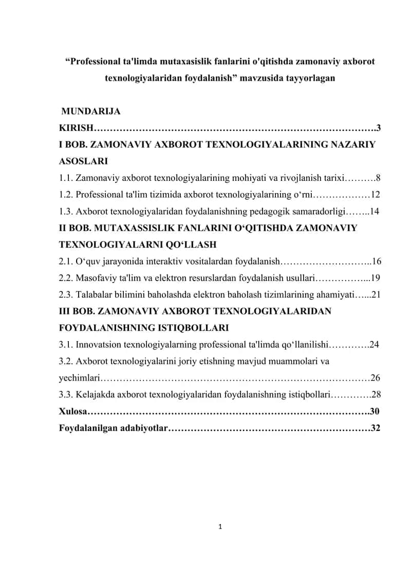 “Professional ta'limda mutaxasislik fanlarini o'qitishda zamonaviy axborot texnologiyalaridan foydalanish” mavzusida tayyorlagan