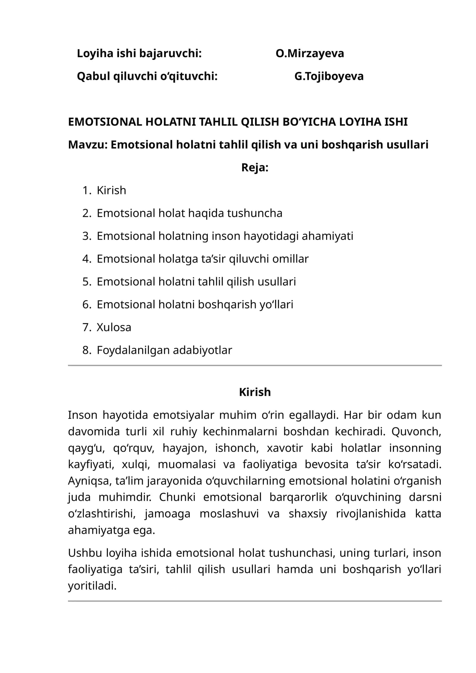 EMOTSIONAL HOLATNI TAHLIL QILISH BO‘YICHA LOYIHA ISHI