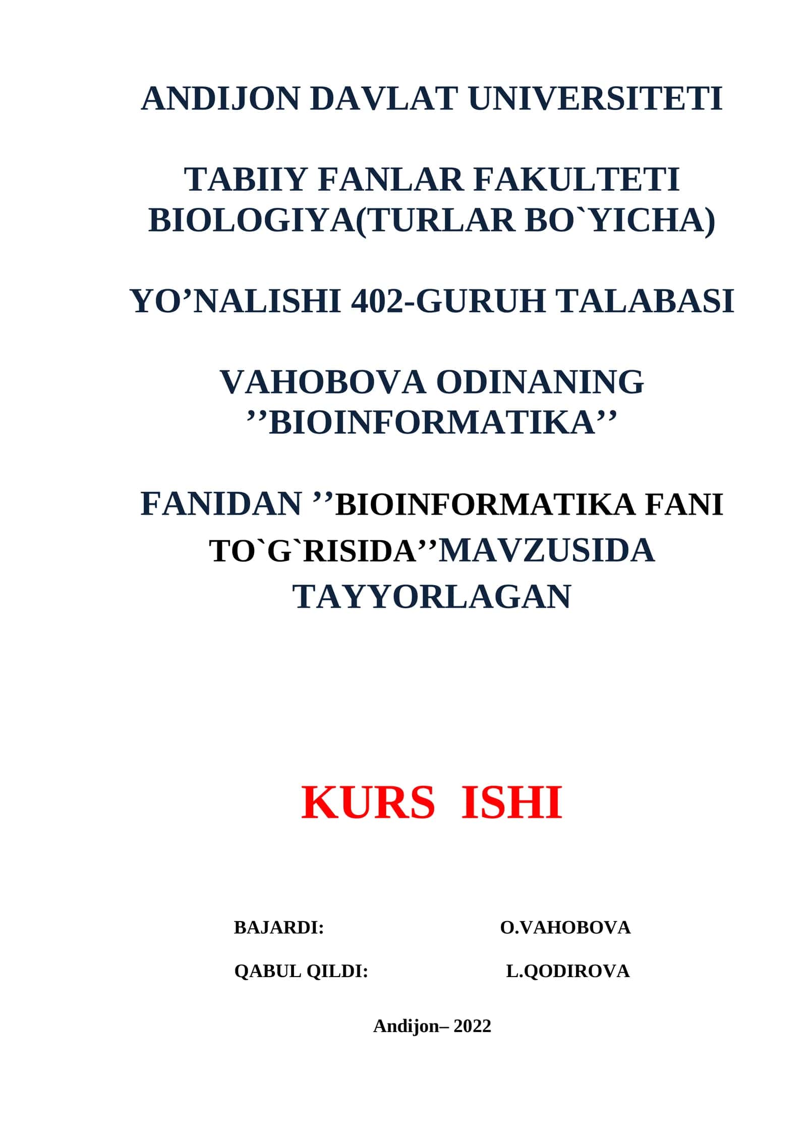 BIOINFORMATIKA FANI TO`G`RISIDA