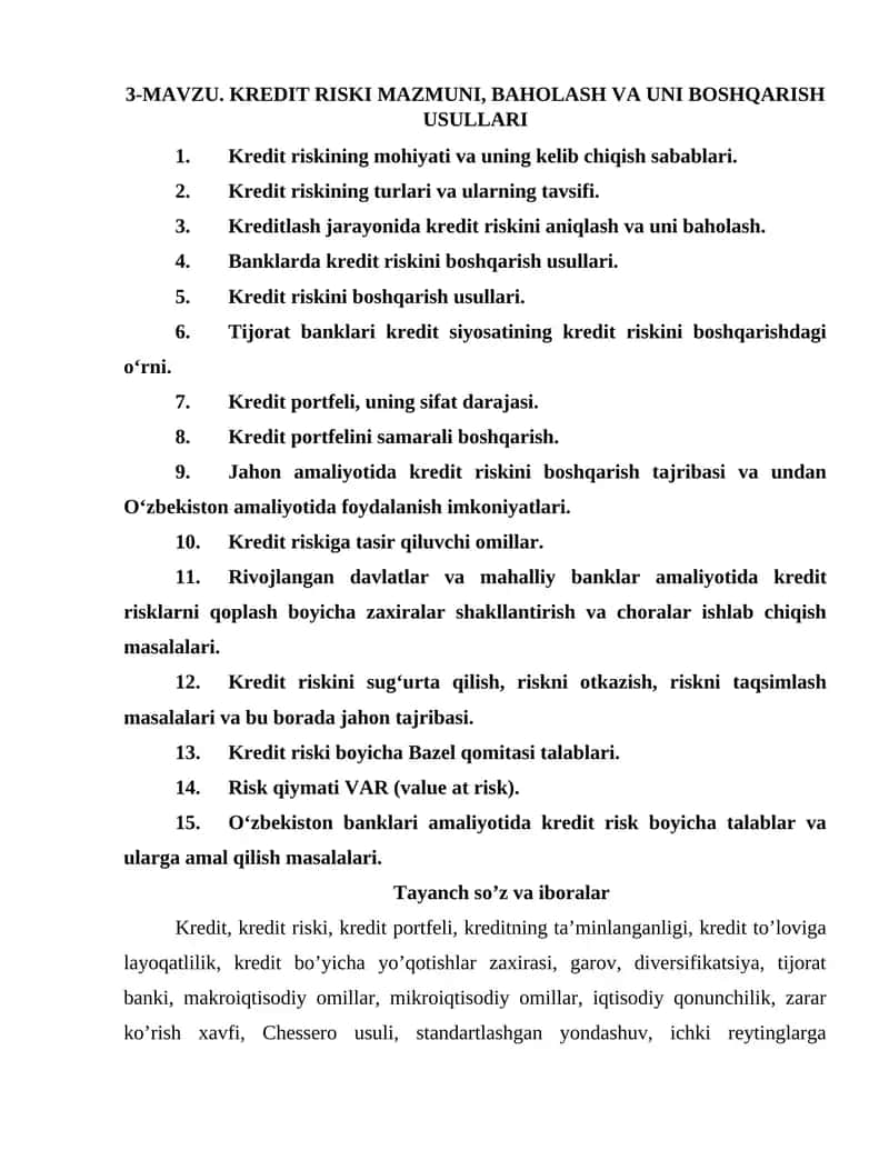 KREDIT RISKI MAZMUNI, BAHOLASH VA UNI BOSHQARISH USULLARI