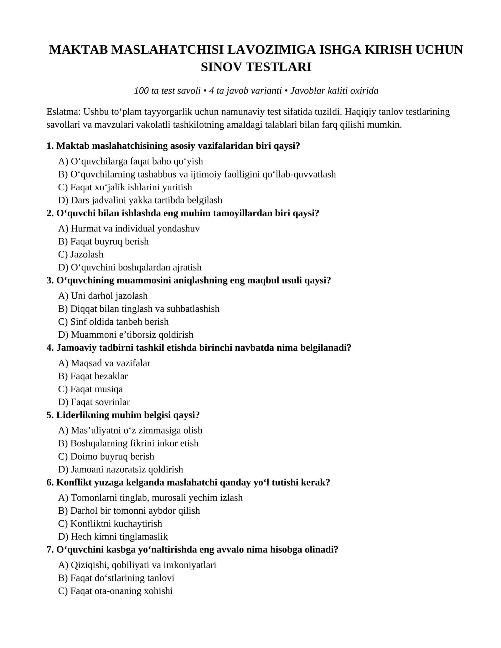 MAKTAB MASLAHATCHISI LAVOZIMIGA ISHGA KIRISH UCHUN SINOV TESTLARI