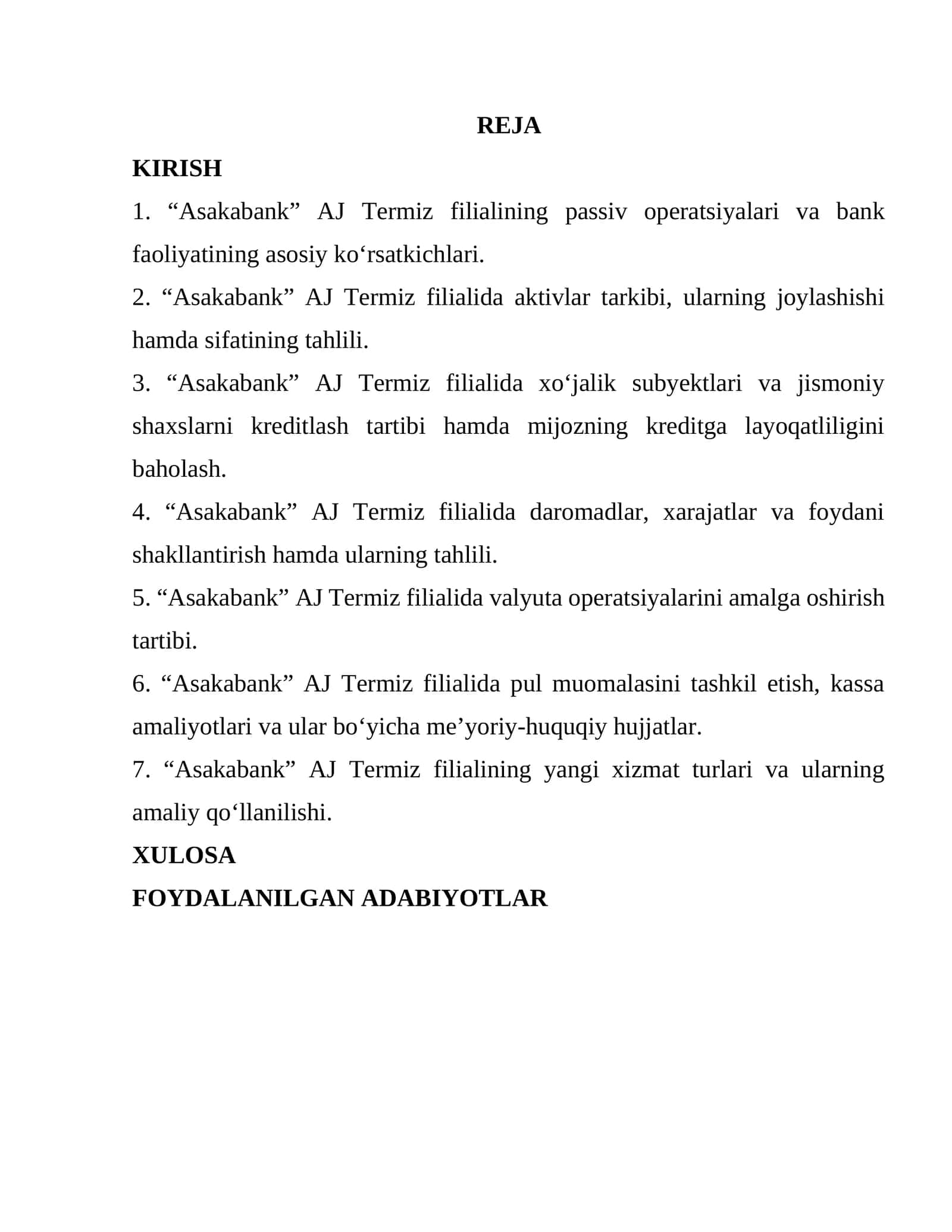 “ASAKABANK” AJ TERMIZ FILIALI AMALIYOT HISOBOTI