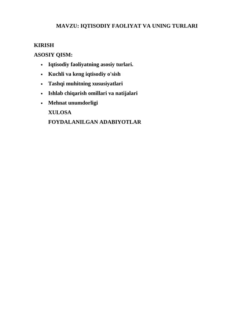 Korxonaning iqtisodiy faoliyati