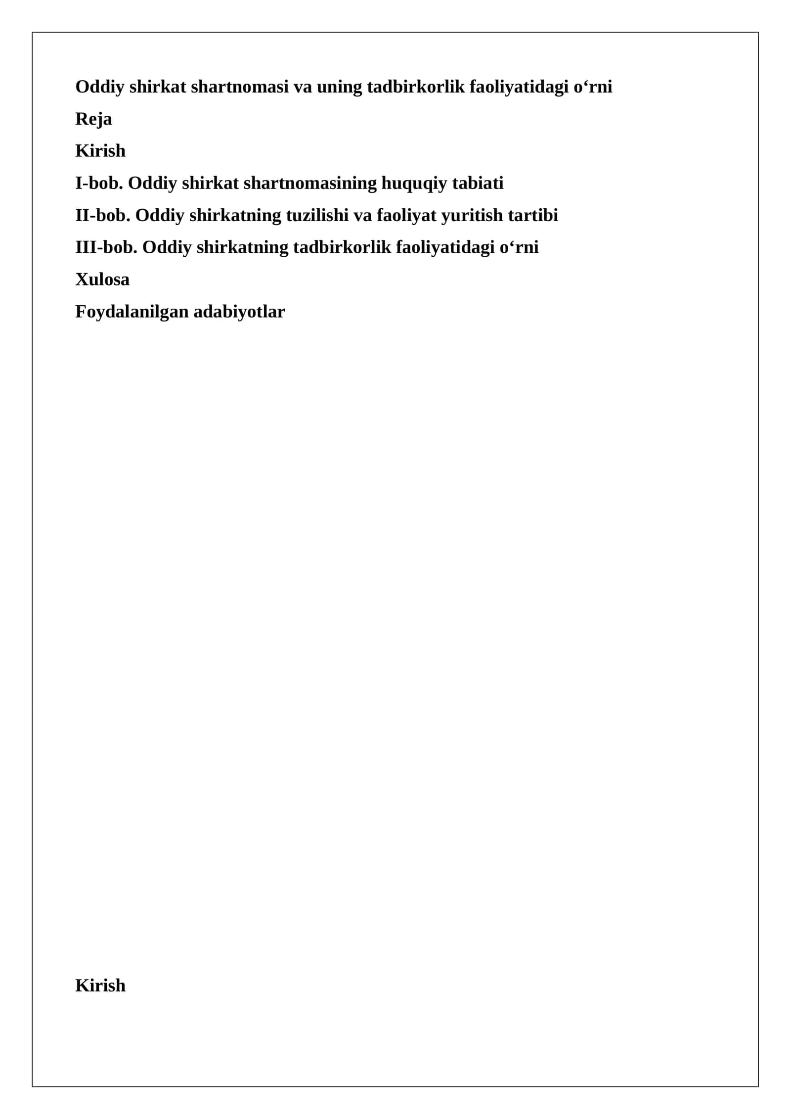Oddiy shirkat shartnomasi va uning tadbirkorlik faoliyatidagi o‘rni