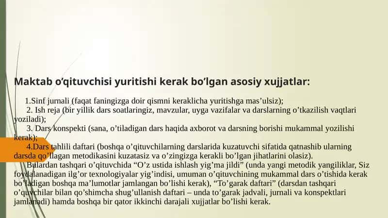 Maktab o’qituvchisi yuritishi kerak bo’lgan asosiy xujjatlar