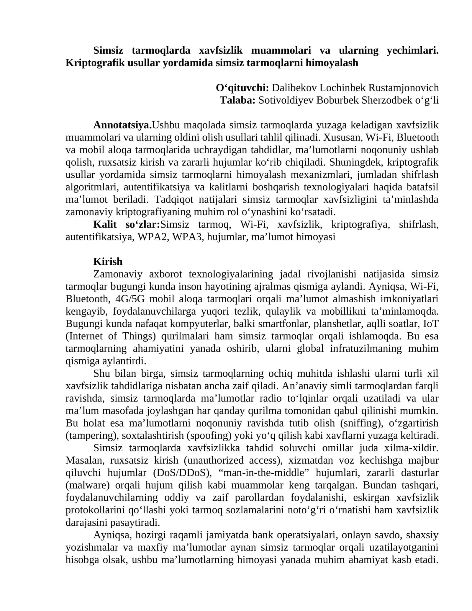 Simsiz tarmoqlarda xavfsizlik muammolari va ularning yechimlari. Kriptografik usullar yordamida simsiz tarmoqlarni himoyalash