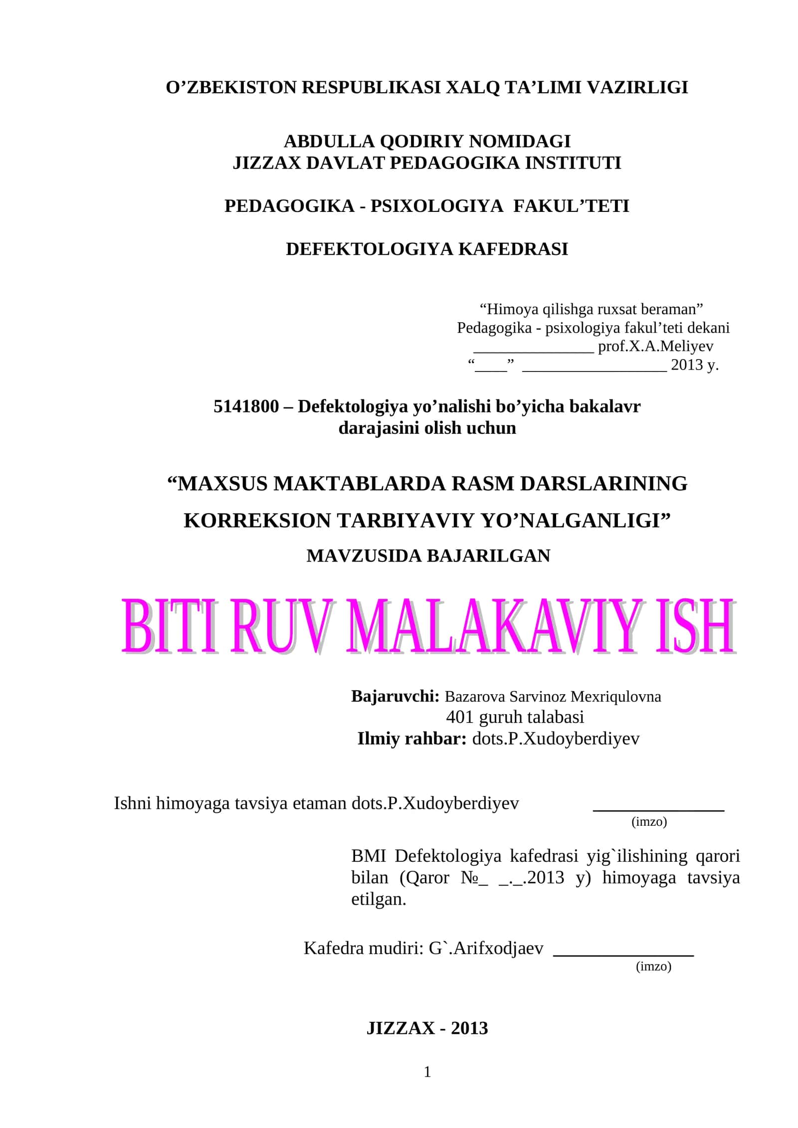 MAXSUS MAKTABLARDA RASM DARSLARINING KORREKSION TARBIYAVIY YO’NALGANLIGI