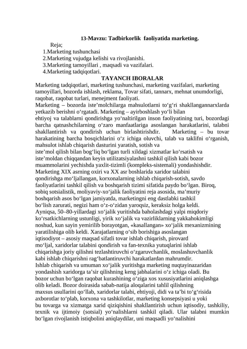 Tadbirkorlik faoliyatida marketing
