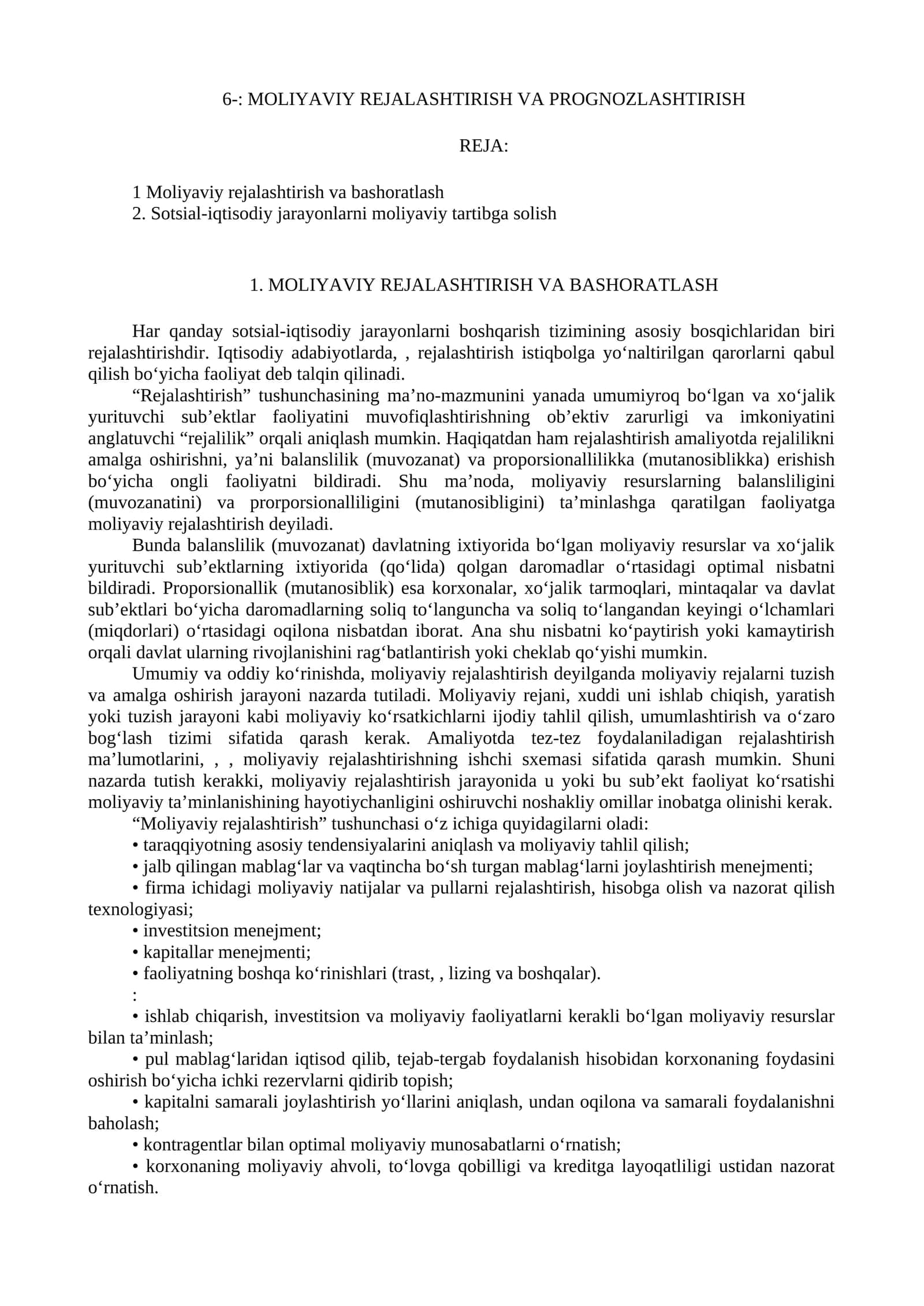 MOLIYAVIY REJALASHTIRISH VA PROGNOZLASHTIRISH
