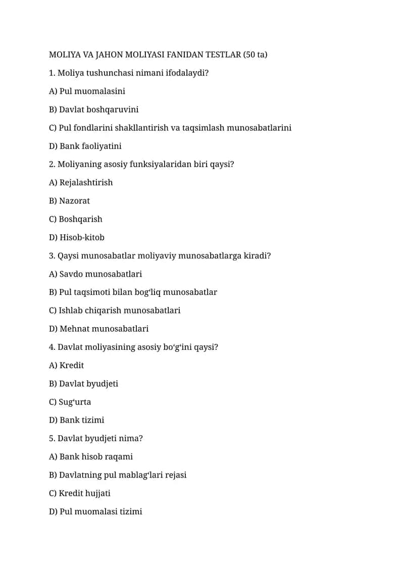 MOLIYA VA JAHON MOLIYASI FANIDAN TESTLAR (50 ta)