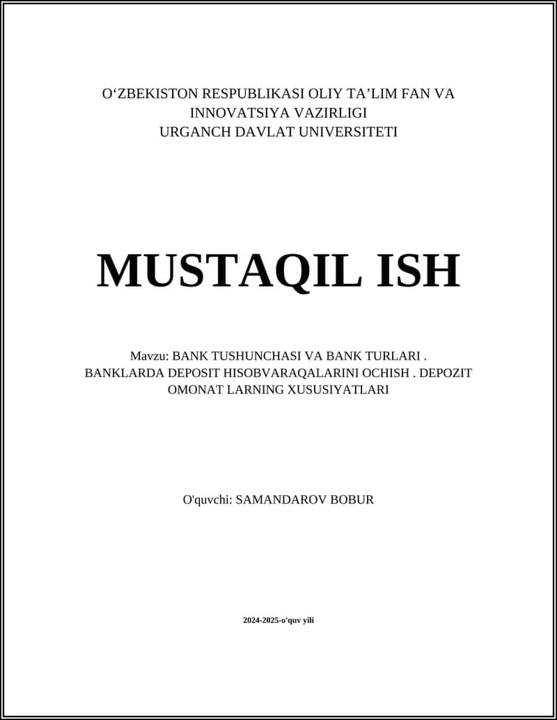 BANK TUSHUNCHASI VA BANK TURLARI