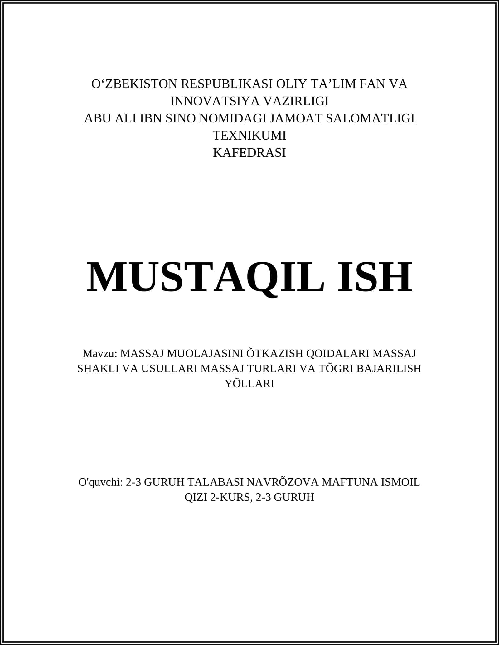 MASSAJ MUOLAJASINI ÕTKAZISH QOIDALARI