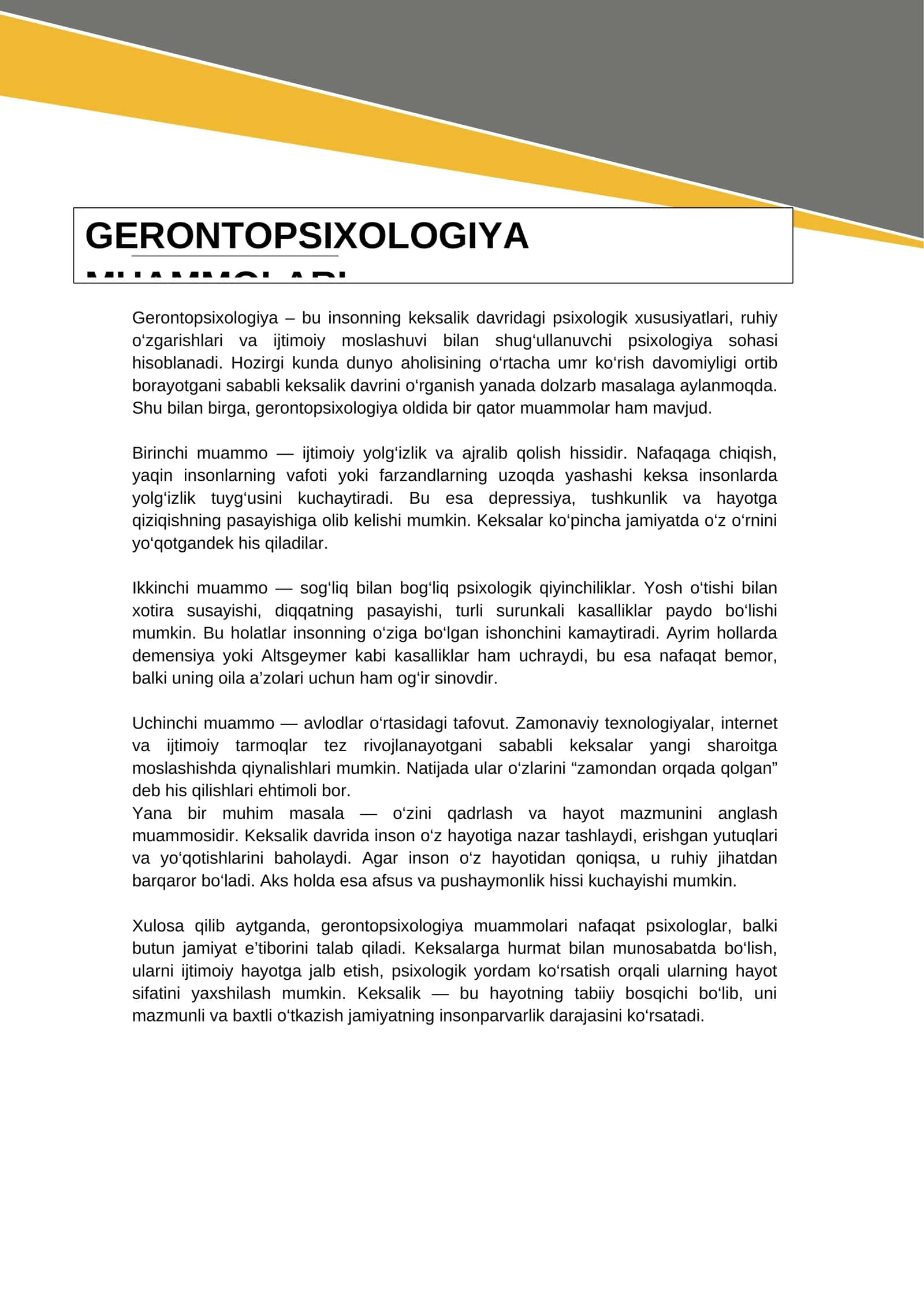 GERONTOPSIXOLOGIYA MUAMMOLARI