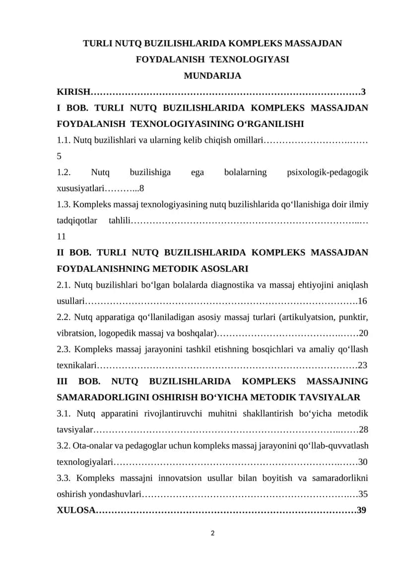 TURLI NUTQ BUZILISHLARIDA KOMPLEKS MASSAJDAN FOYDALANISH TEXNOLOGIYASI