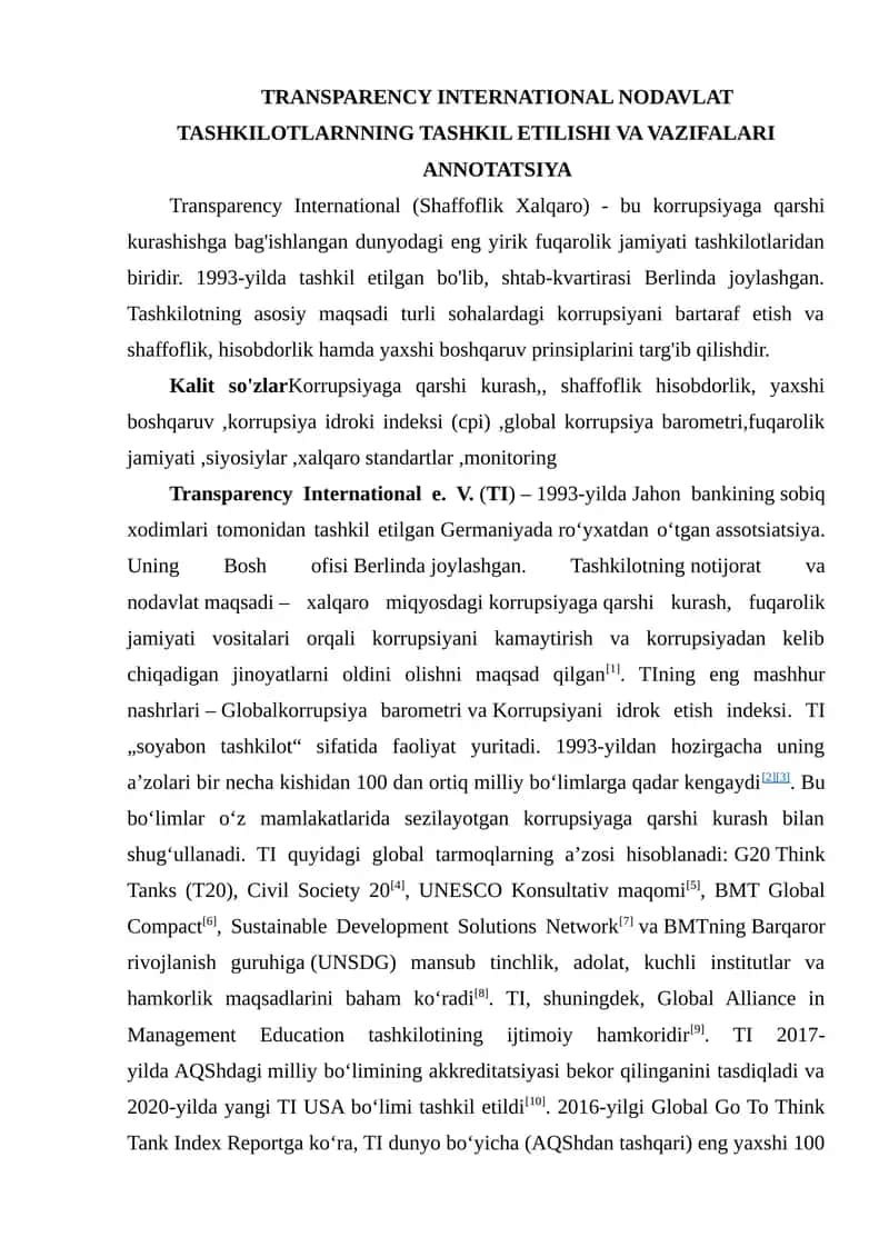 Transparency International NODAVLAT TASHKILOTLARNNING TASHKIL ETILISHI VA VAZIFALARI