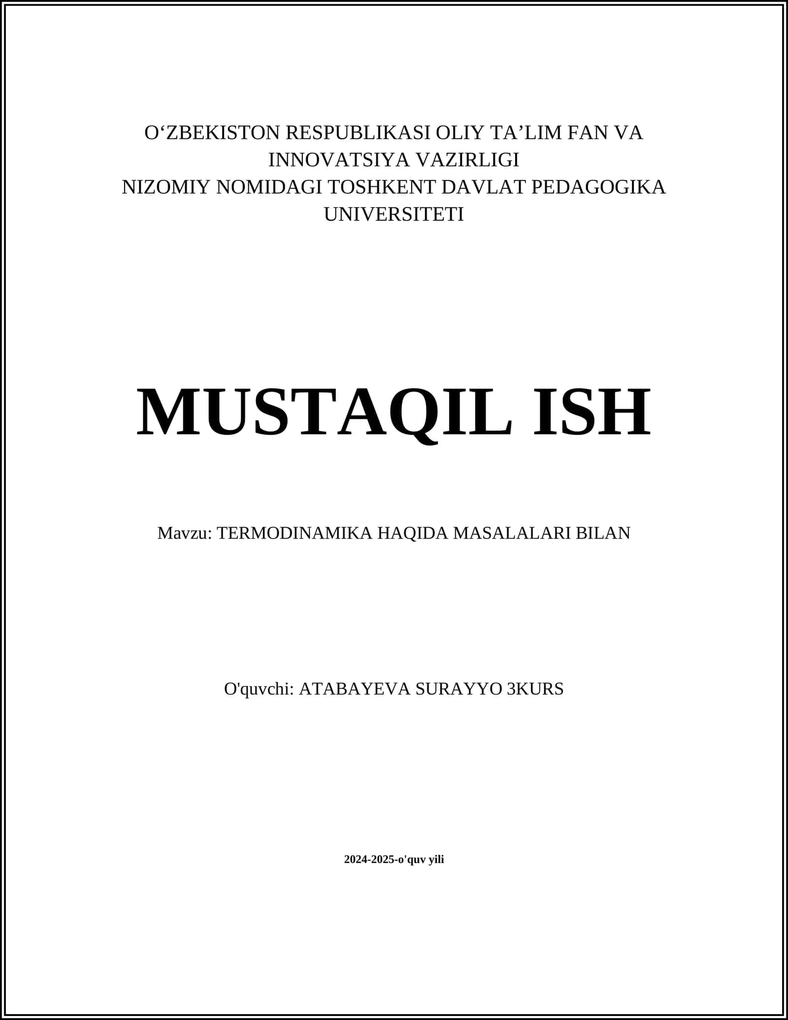 TERMODINAMIKA HAQIDA MASALALARI BILAN