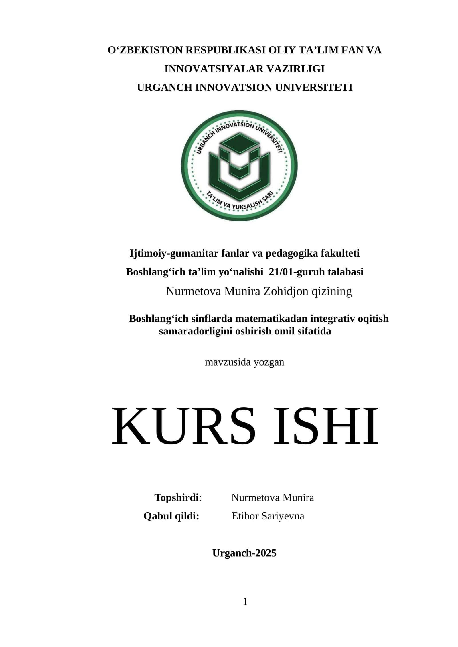 Boshlang‘ich sinflarda matematikadan integrativ oqitish samaradorligini oshirish omil sifatida