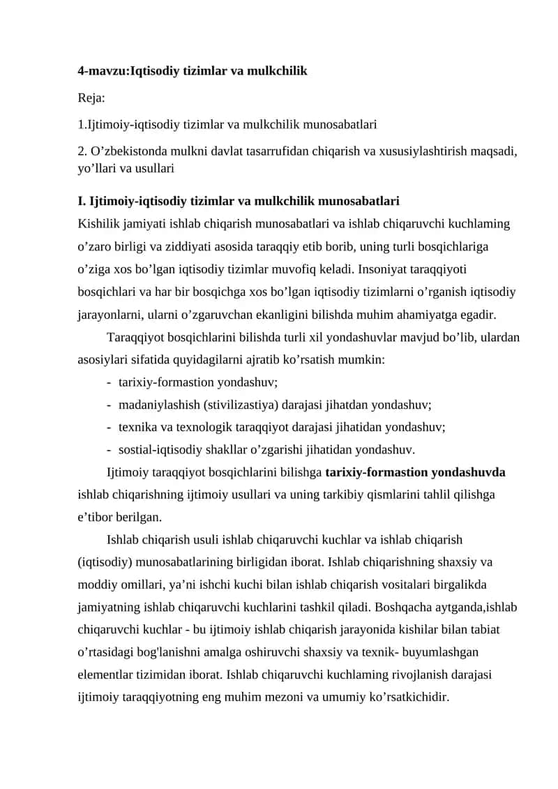 Iqtisodiy tizimlar va mulkchilik