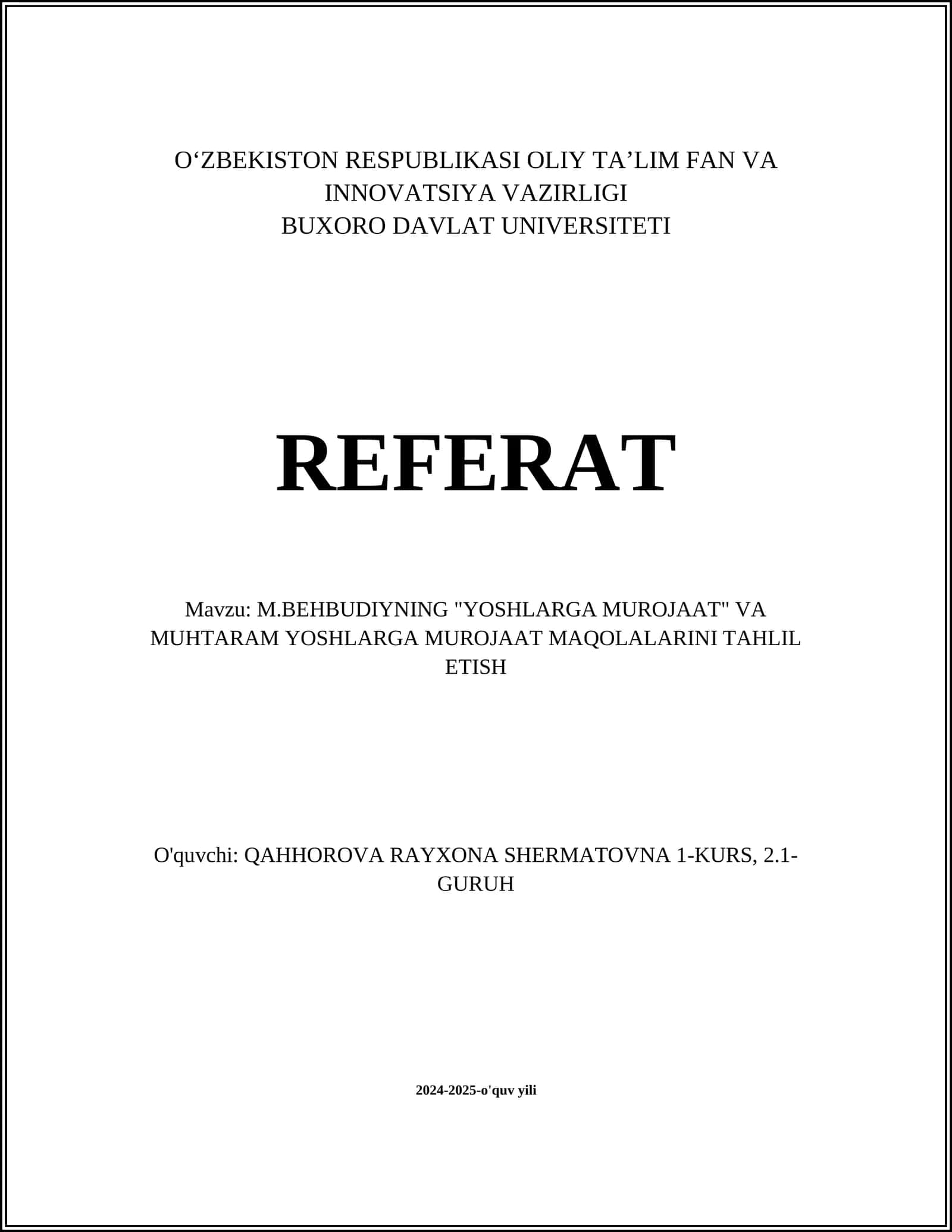 M.Behbudiying "Yoshlarga murojaat" va muhtaram yoshlarga murojaat maqolalarini tahlil etish