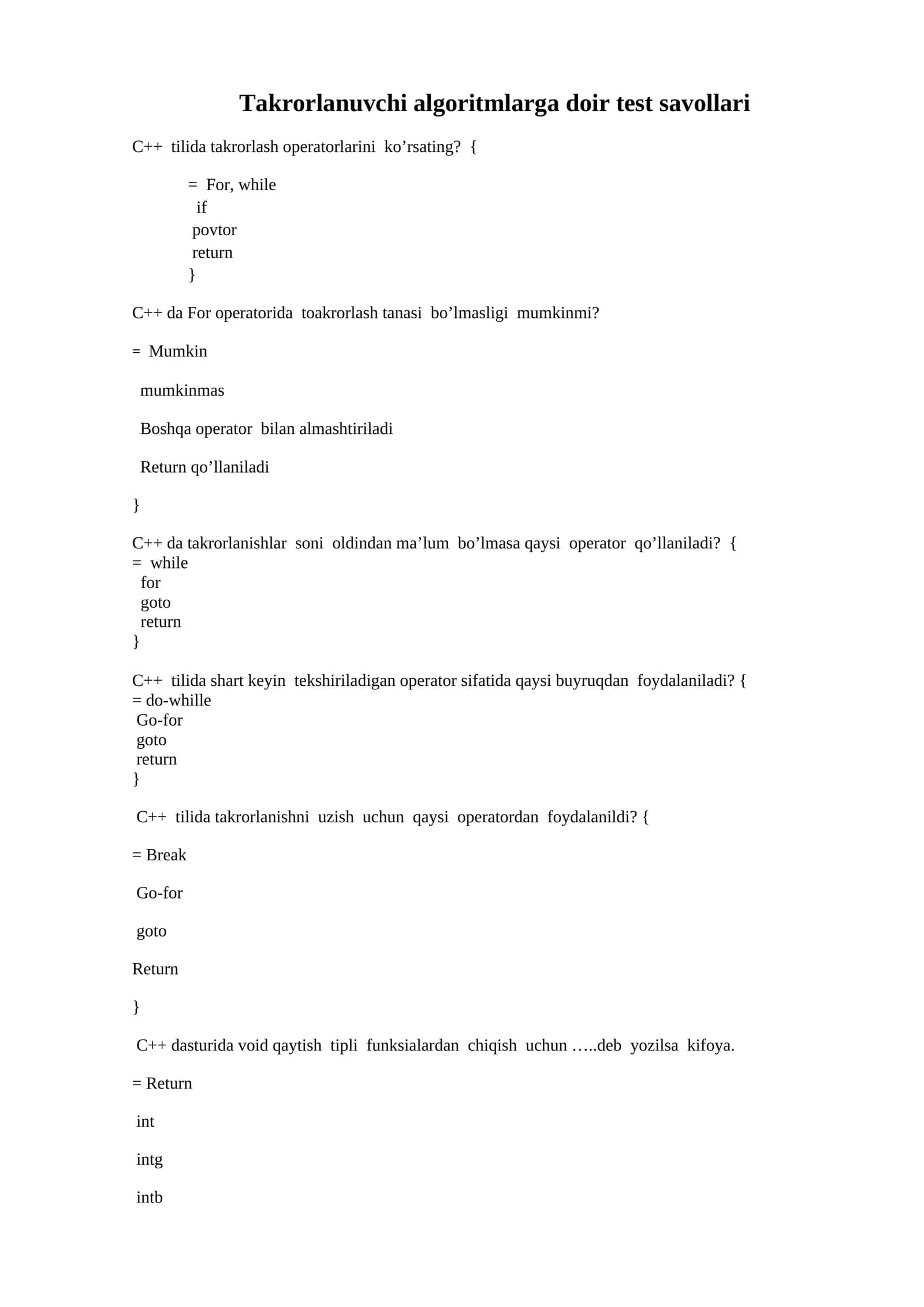 Takrorlanuvchi algoritmlarga doir test savollari