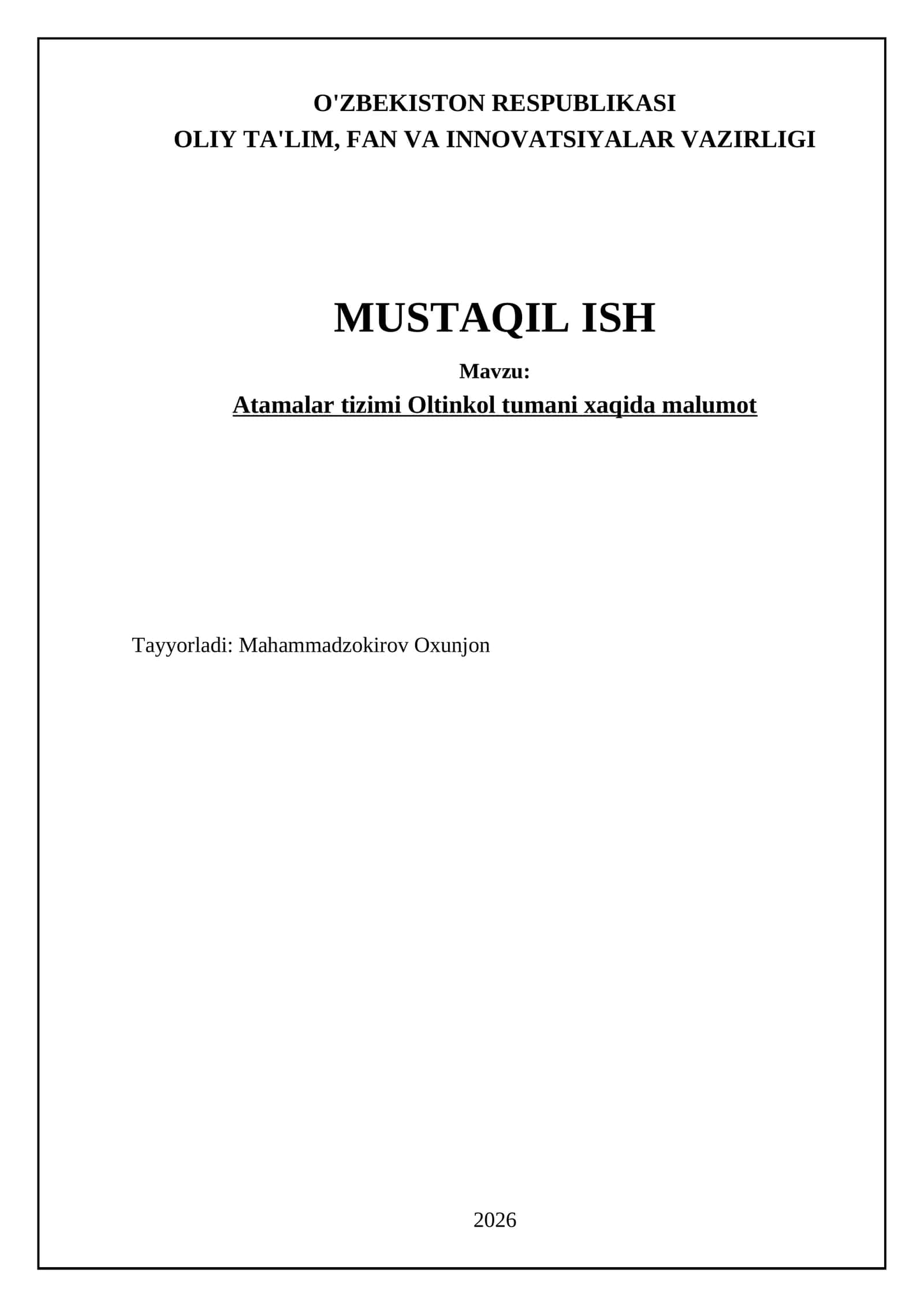 Atamalar tizimi Oltinkol tumani xaqida malumot