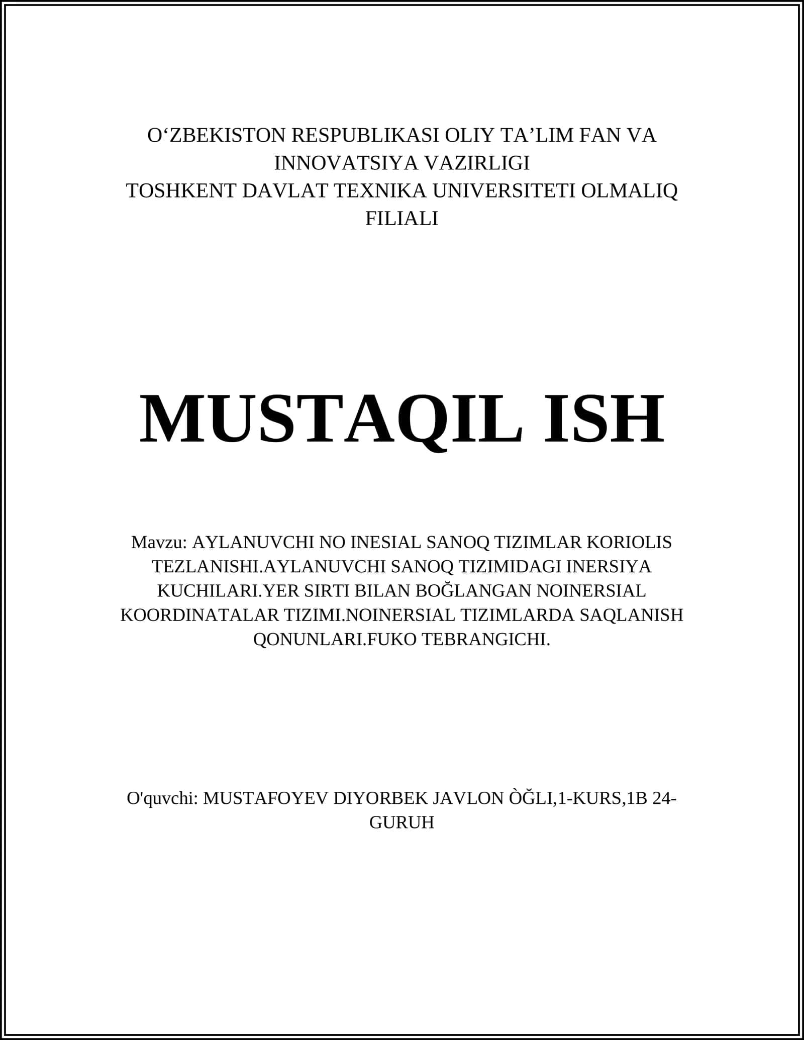 AYLANUVCHI NO INESIAL SANOQ TIZIMLAR KORIOLIS TEZLANISHI