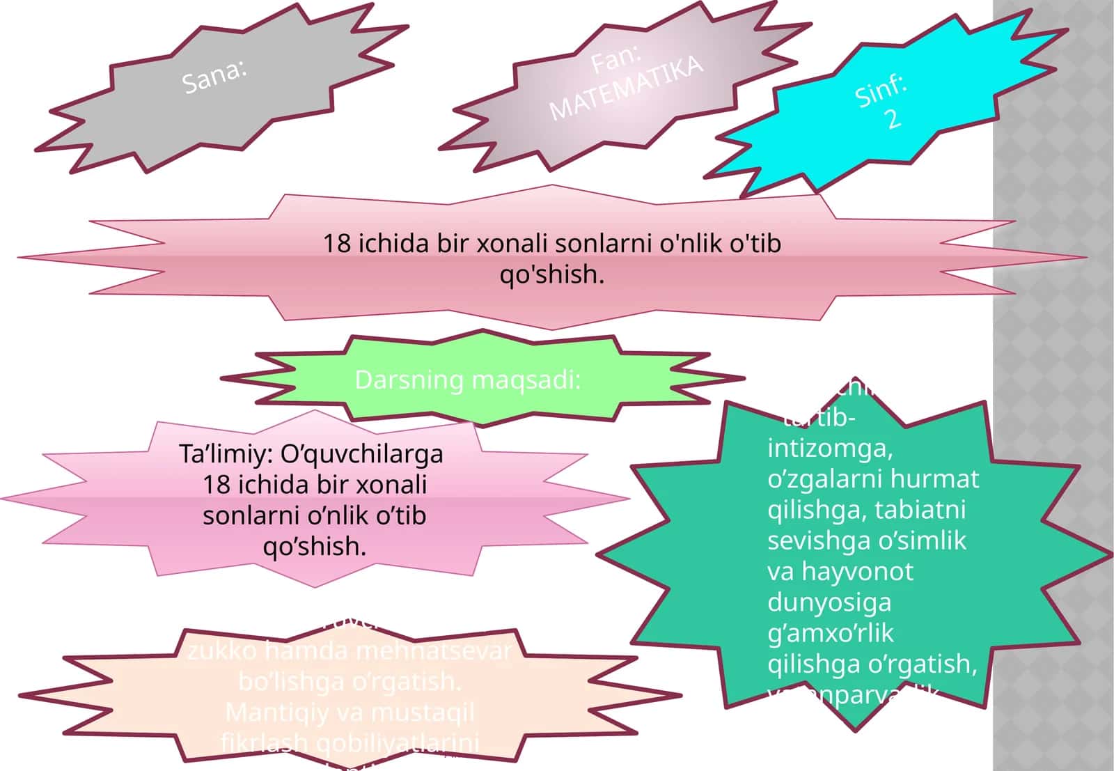 18 ichida bir xonali sonlarni o'nlik o'tib qo'shish