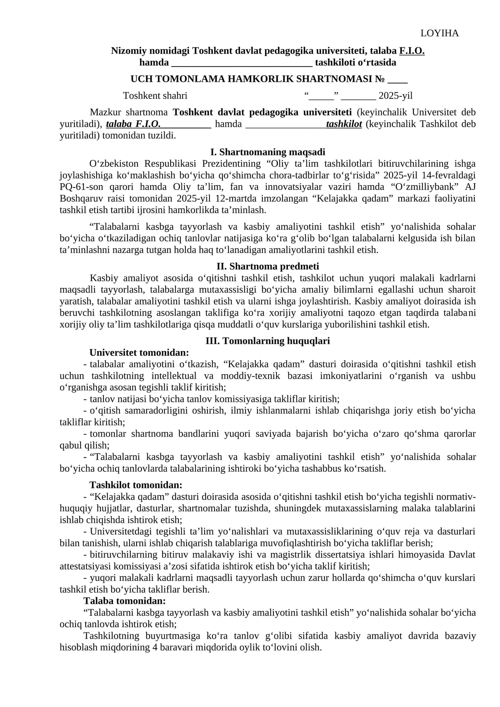 UCH TOMONLAMA HAMKORLIK SHARTNOMASI