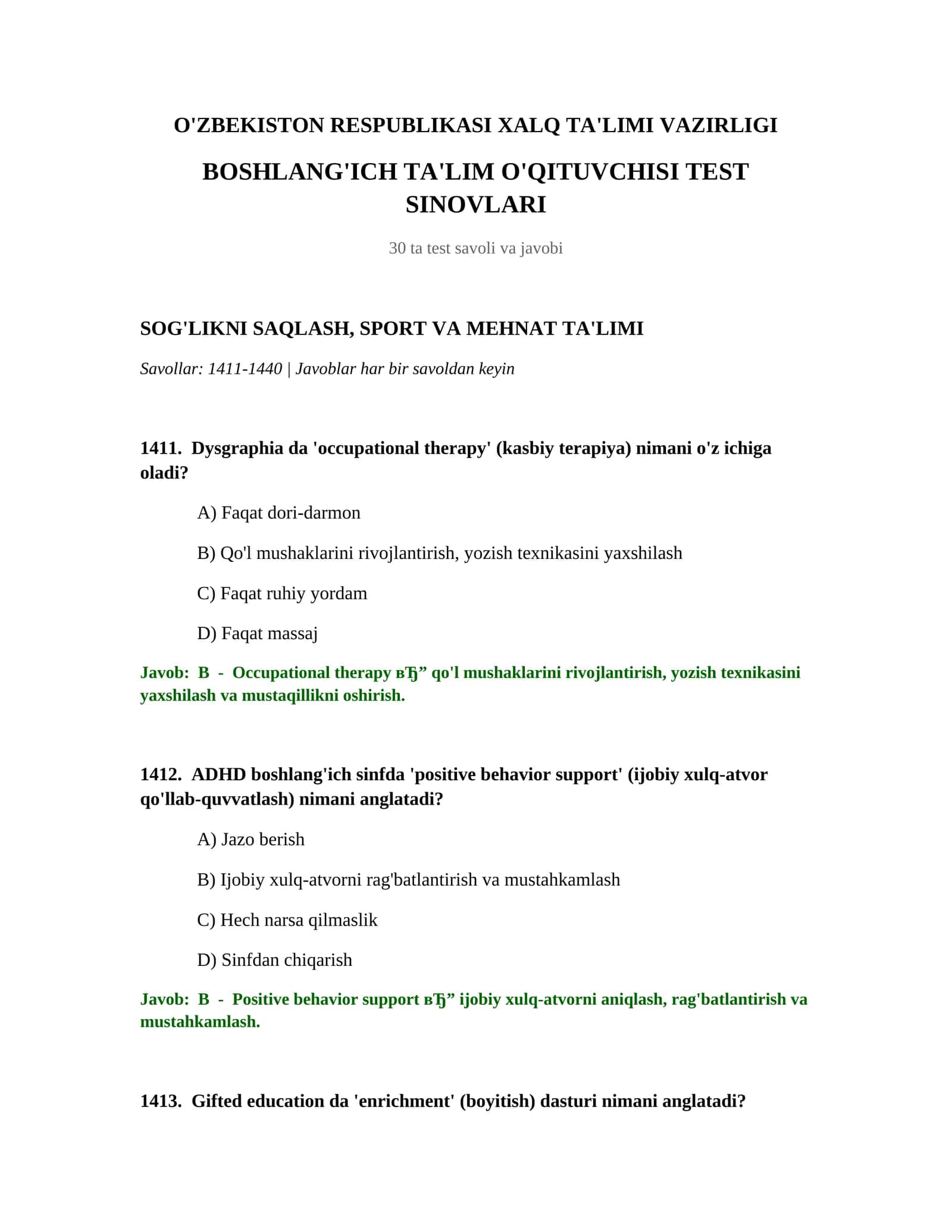 BOSHLANG'ICH TA'LIM O'QITUVCHISI TEST SINOVLARI