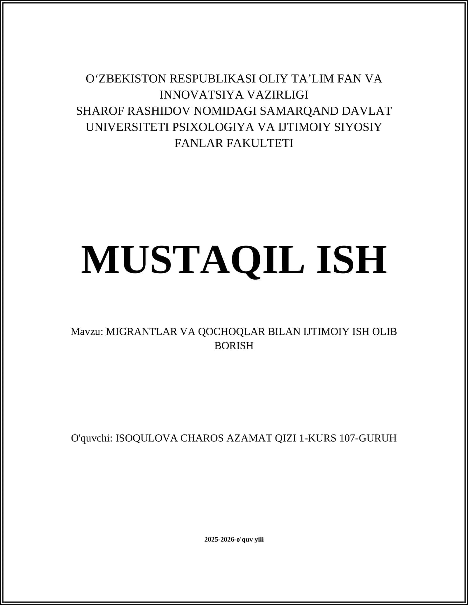 MIGRANTLAR VA QOCHOQLAR BILAN IJTIMOIY ISH OLIB BORISH