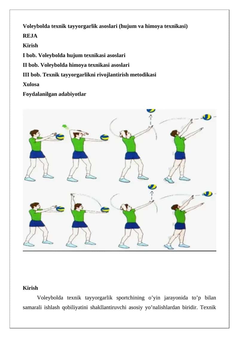 Voleybolda texnik tayyorgarlik asoslari (hujum va himoya texnikasi)