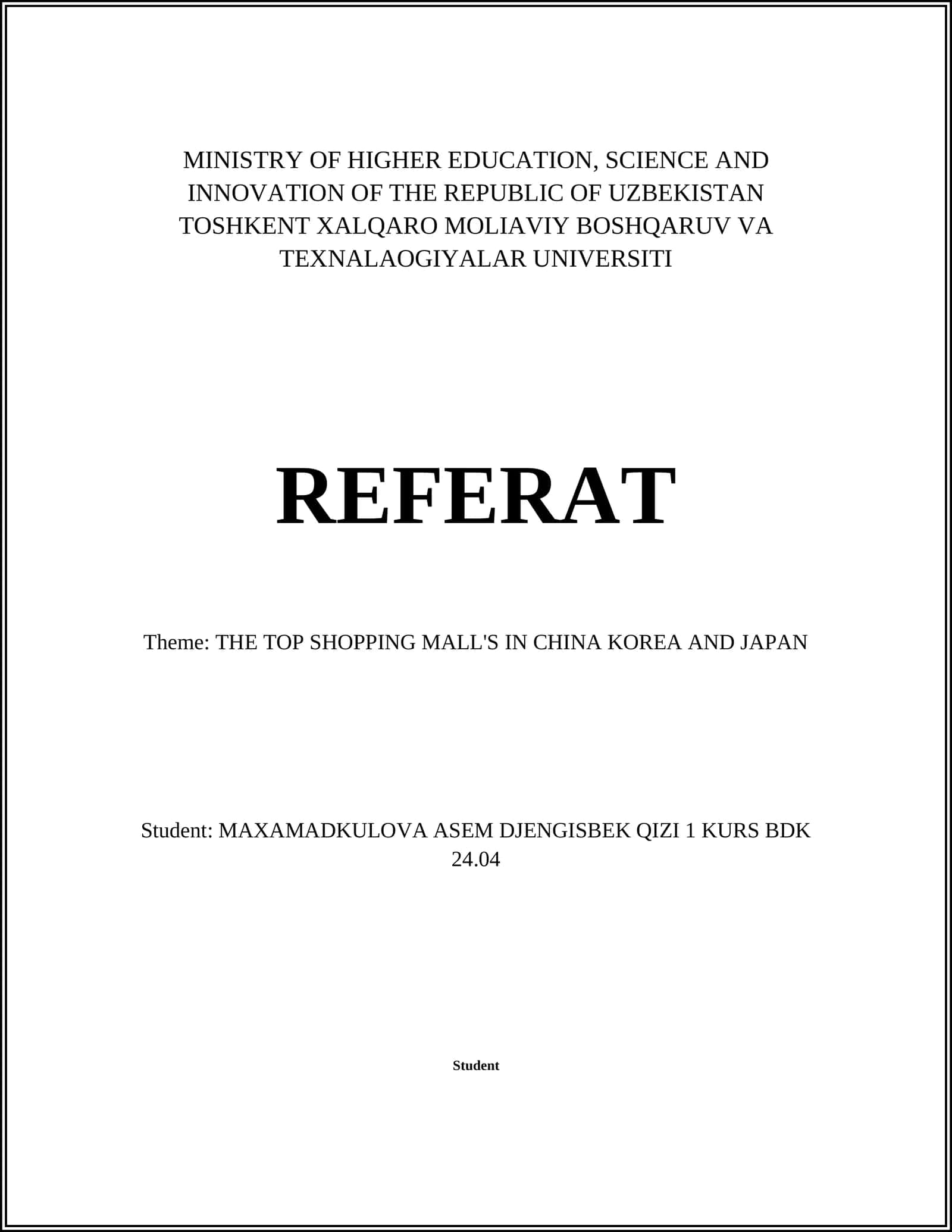 Referat: THE TOP SHOPPING MALL'S IN CHINA KOREA AND JAPAN