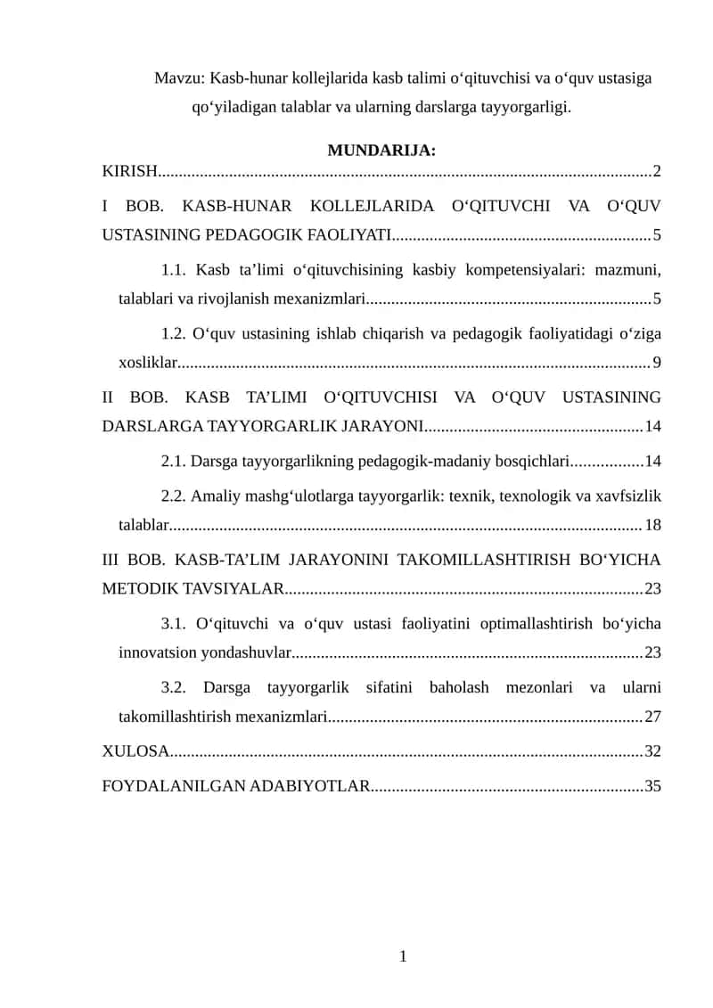 Kasb-hunar kollejlarida o'qituvchi va o'quv ustasiga talablar va darslarga tayyorgarlik