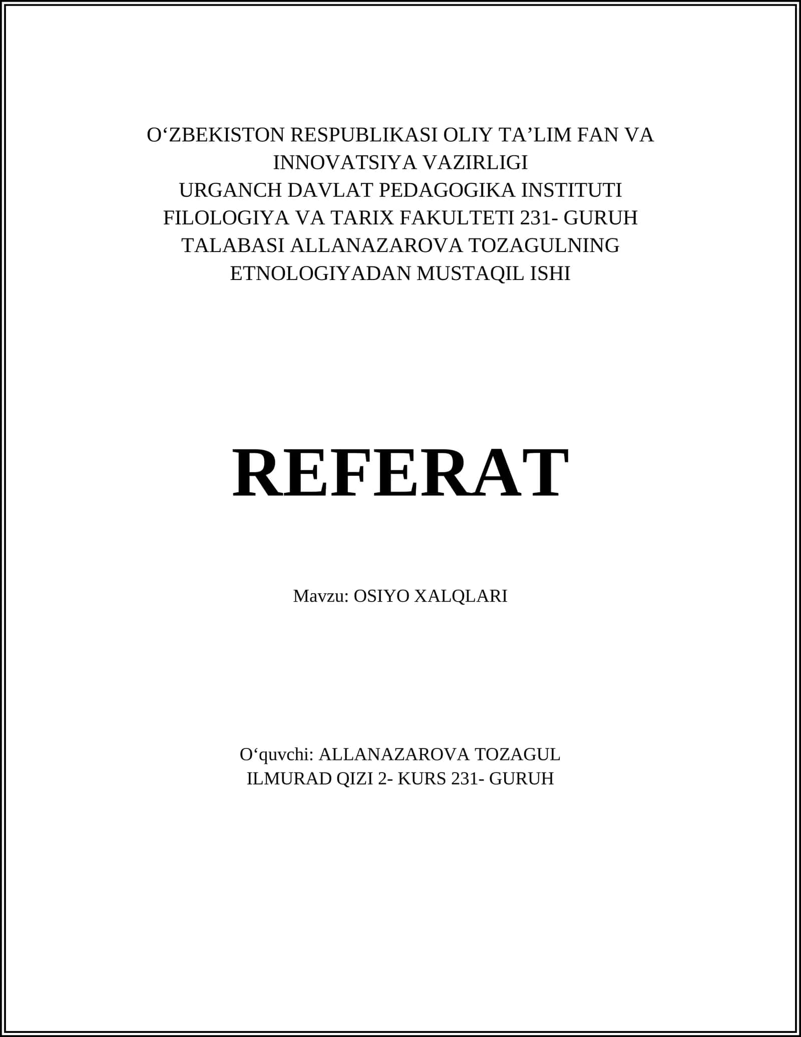 OSIYO XALQLARI REFERAT