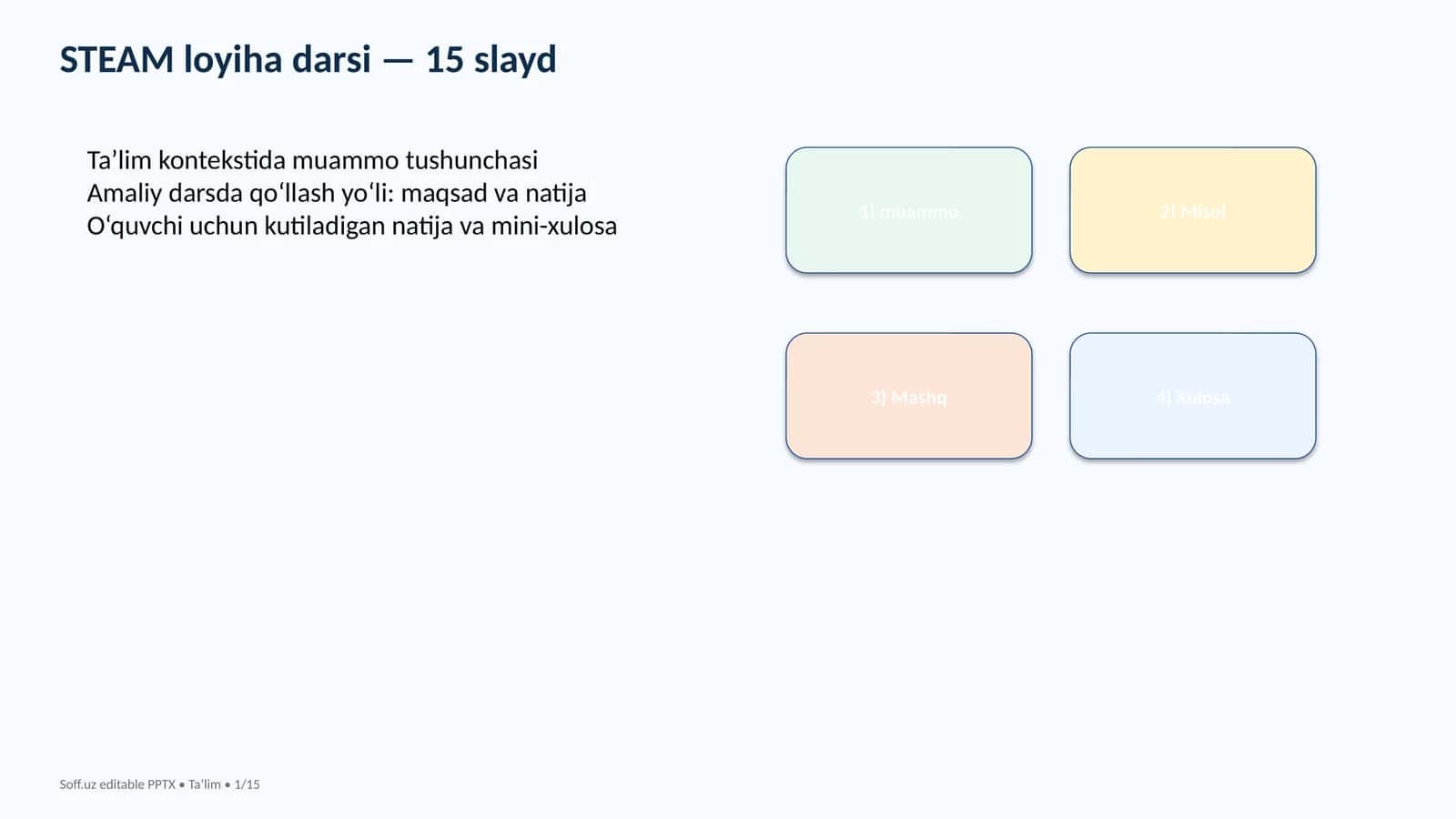 STEAM loyiha darsi — 15 slayd (Ta’lim kontekstida muammo tushunchasi va amaliy dars uchun 15 slayd. O‘quvchilar uchun muhim tajribalar )