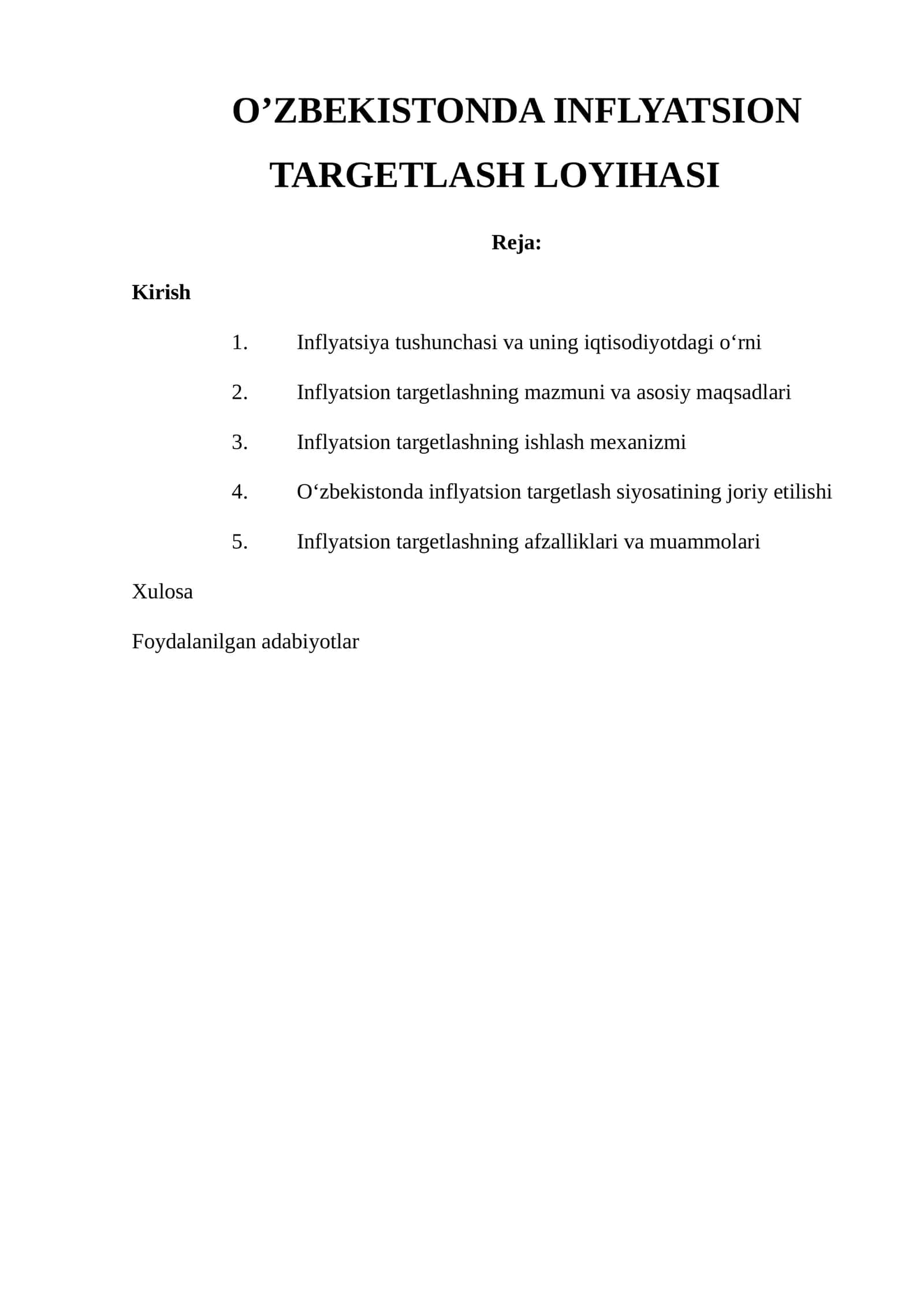 O'ZBEKISTONDA INFLYATSION TARGETLASH LOYIHASI