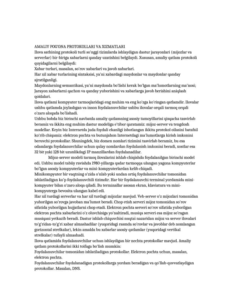 AMALIY POG'ONA PROTOKOLLARI VA XIZMATLARI