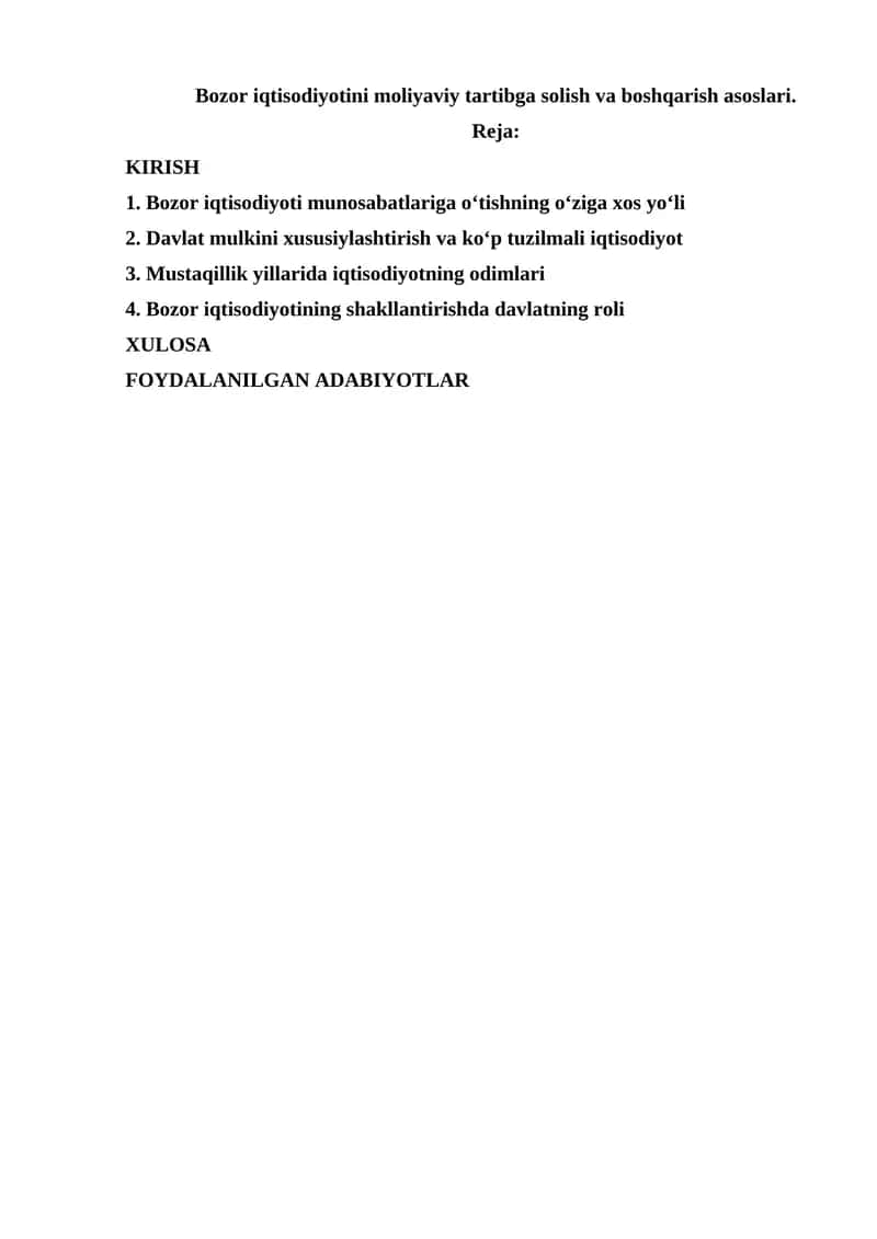 Bozor iqtisodiyotini moliyaviy tartibga solish va boshqarish asoslari