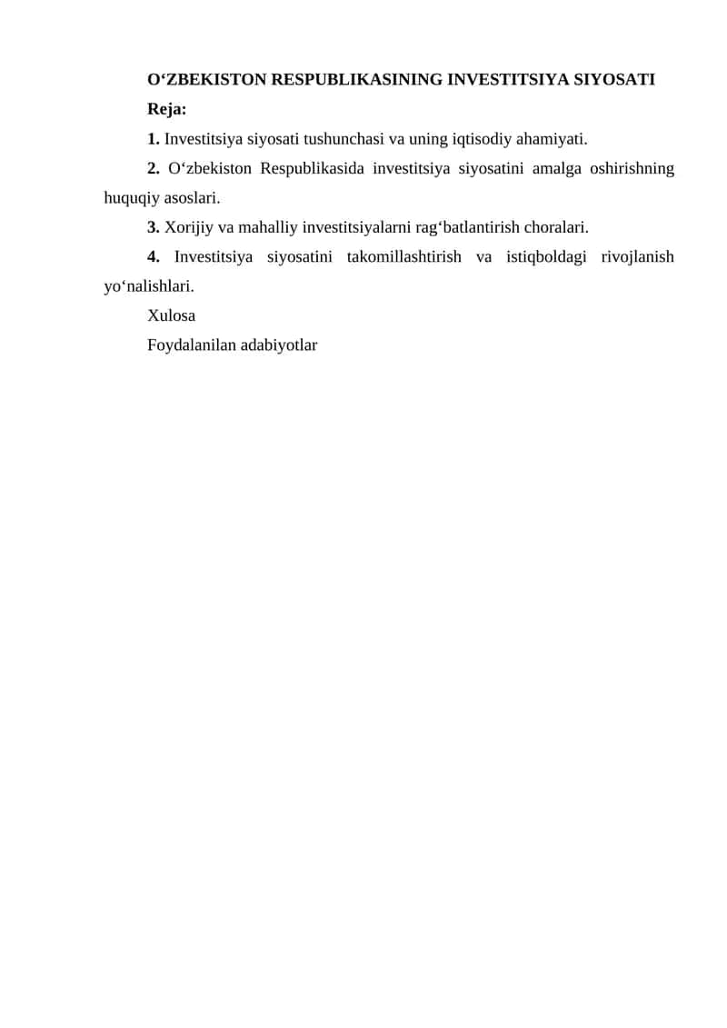 OʻZBEKISTON RESPUBLIKASINING INVESTITSIYA SIYOSATI