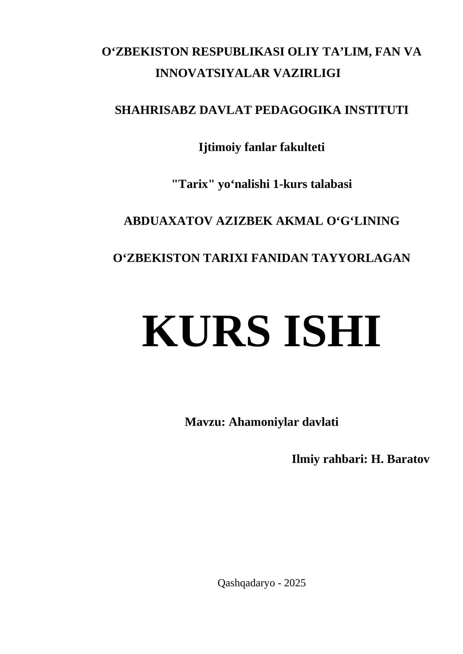 Ahamoniylar davlati kurs ishi